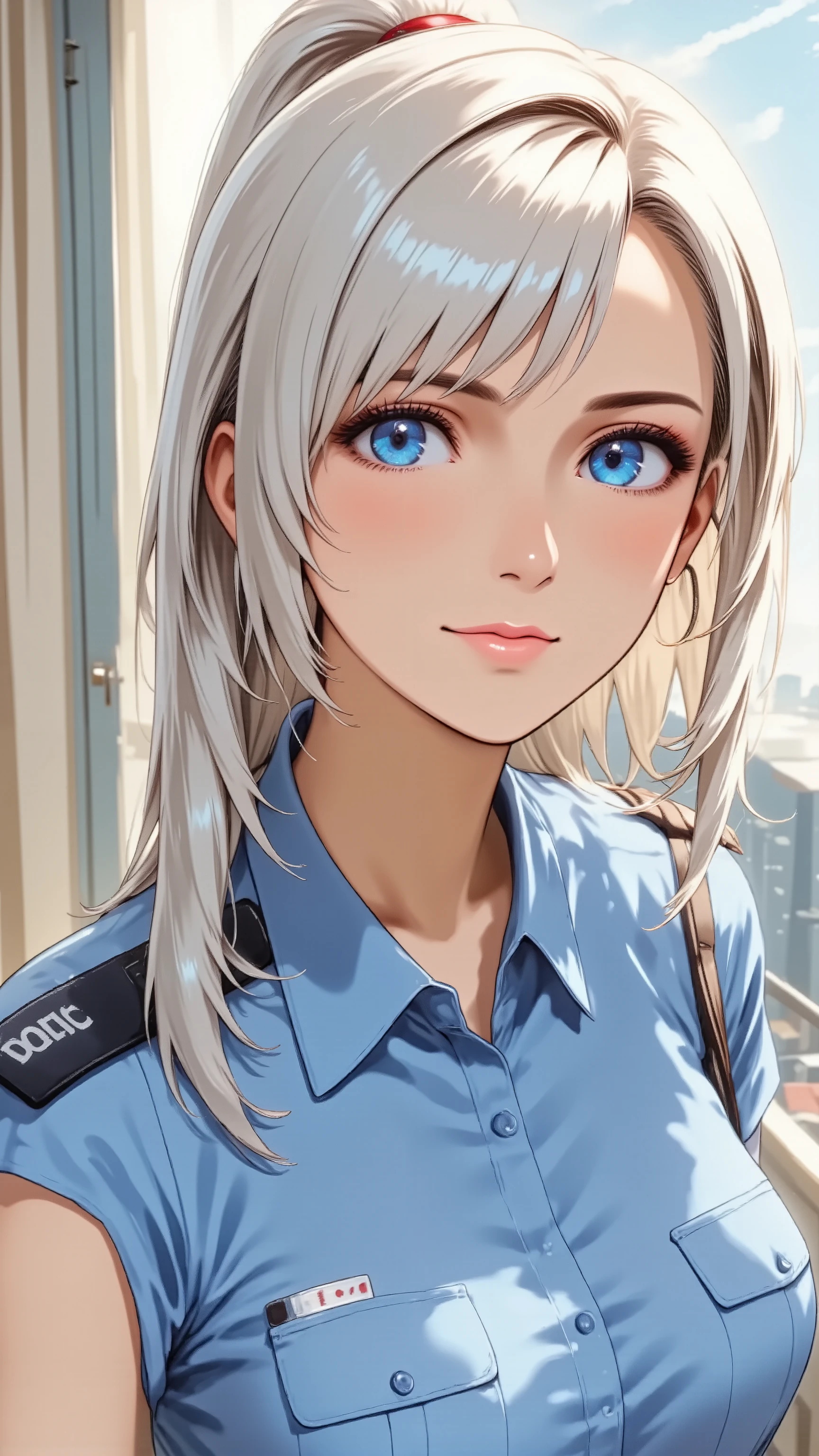 Full body high angle shot of a professional anime woman in a commanding pose, Sleek ponytail hairstyle, Confident expression, Bold red lipstick and refined makeup, light smile, Police uniform, blue shirt, breast pocket
