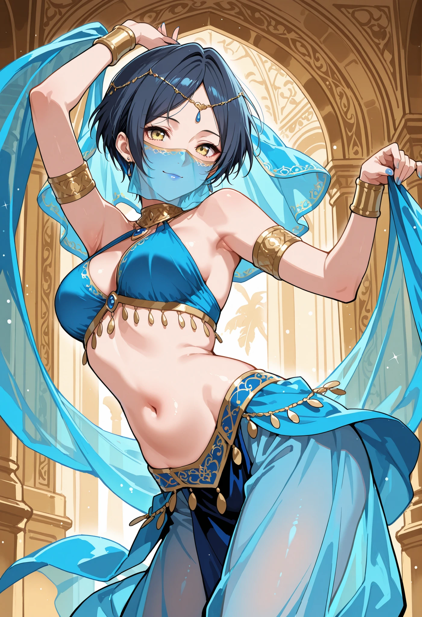 Score_9, score_8_up, score_7_up, source_anime, hayami kanade, solo, parted bangs, short hair, dark blue hair, yellow eyes, (best quality), (high quality), {masterpiece}, extremely delicate and beautiful, ultra-detailed, beautiful detailed eyes, blue arabian clothes, dancer, blue mouth veil, belly dancing, armlet, gold circlet, dancing,blue see-through harem pants, arabian palace, smile, closed mouth