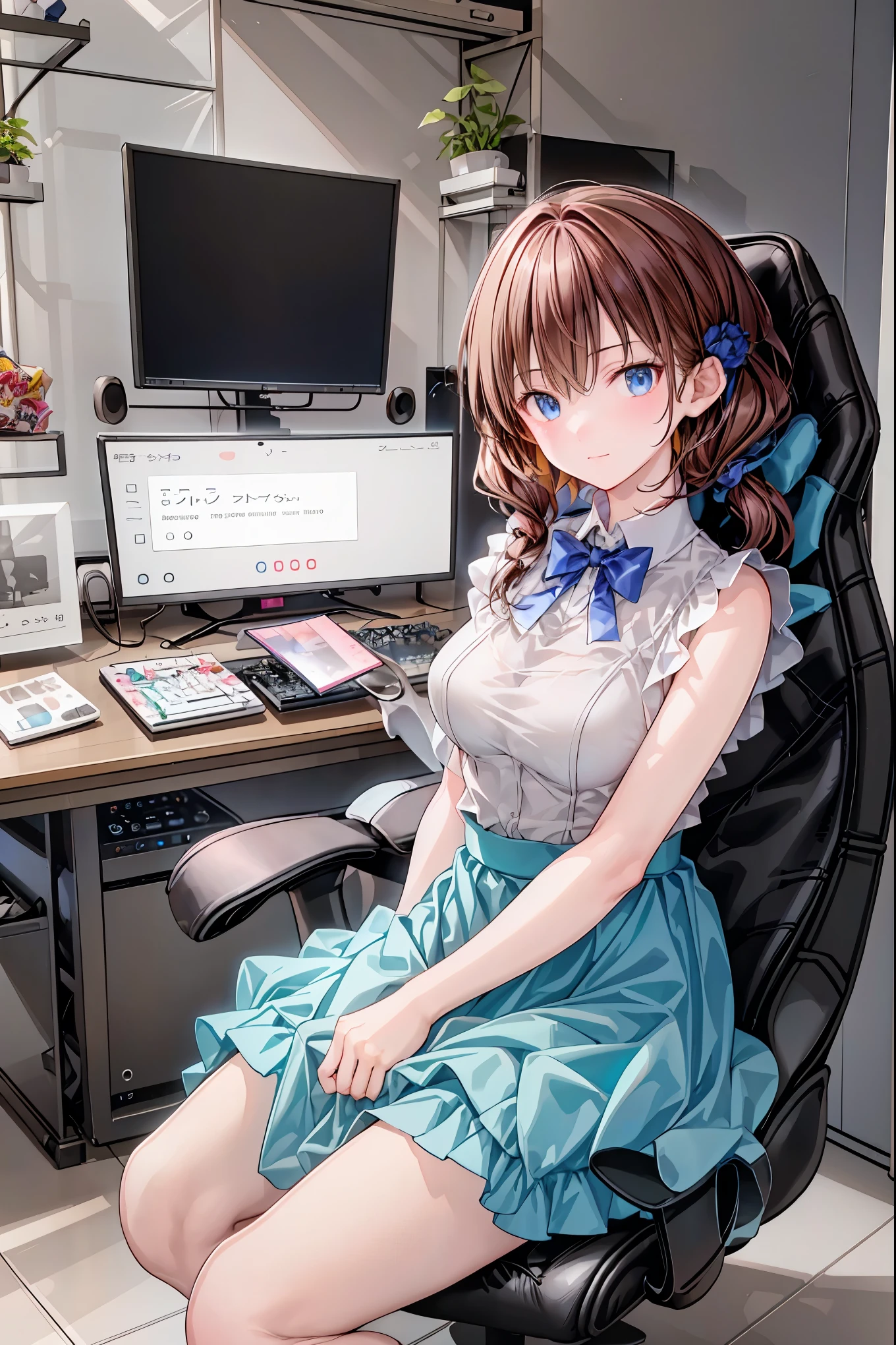 peace sign on the side of the face，Candy in hand,MANIPULATE YOUR SCREEN LIKE A GAME,programming room interior,EXTREME DETAIL DISPLAY,EXTREME DETAIL DRAWING,typing speedy two hands,IMMERSE YOUR SCREEN,anime breaking through digital space,Digital Illustration,Cyberpunk, future,cowboy shot， network (((PRIVATE PC ROOM)))，(((giant pc monitor)))，(((multiple monitors)))，((operate the keyboard女の子))，ピース✌️サインをするhacker，hacker，Depict the keyboard accurately，hacked，(スイートhacker)，(((is putting a keyboard on her lap)))，hacker, Multi Display, Complex image displayed on a modern PC display that glows blue, complicated image displayed on a display, hitting the keyboard in the foreground,Dark Room, night，深night，((凄腕の女子高生hacker))，brown hair，shortcuts，unkempt hair，Short braided hair，Neat，slender beauty，correct posture，small breasted，beautiful legs，Enchanting Gray-Blue Eyes Shine Like Stars，Saggy Eyes，Brilliant Colors,beautiful eyes,A delicate smile,Textured Skin,Best quality at its best,gentle and beautiful woman,anime style､(Hobbies)，Holding candy，candy with a different color on one eye，ゲームのように network を突破する，(((PRIVATE PC ROOM)))，(((giant pc monitor)))，(((multiple monitors)))，((operate the keyboard))，DIVERSE IN THE DIGITAL SPACE， smile fearlessly， 最High Quality, FACE FOCUS, soft lights, ウルトラhigh resolution, (photorealistic:1.4), ORIGINAL PICTURES, 1 Japanese girl, solo, cute, (pupil, individual eye light), (Tiny Chest),(人間の肌の質感high resolutionの詳細), (long hair), blazer uniform, charcoal vest, skirt, (Upper Thigh)， High Quality,4K,8K,high resolution,Masterpiece,Ultra Fine,real,フォトreal,HDR,UHD,Studio Lighting,EXTREME DETAIL DRAWING,Professional,Brilliant Colors彩,ボケ 幸せな表情の女性のhacker,Tight posture,Concentrated Expression