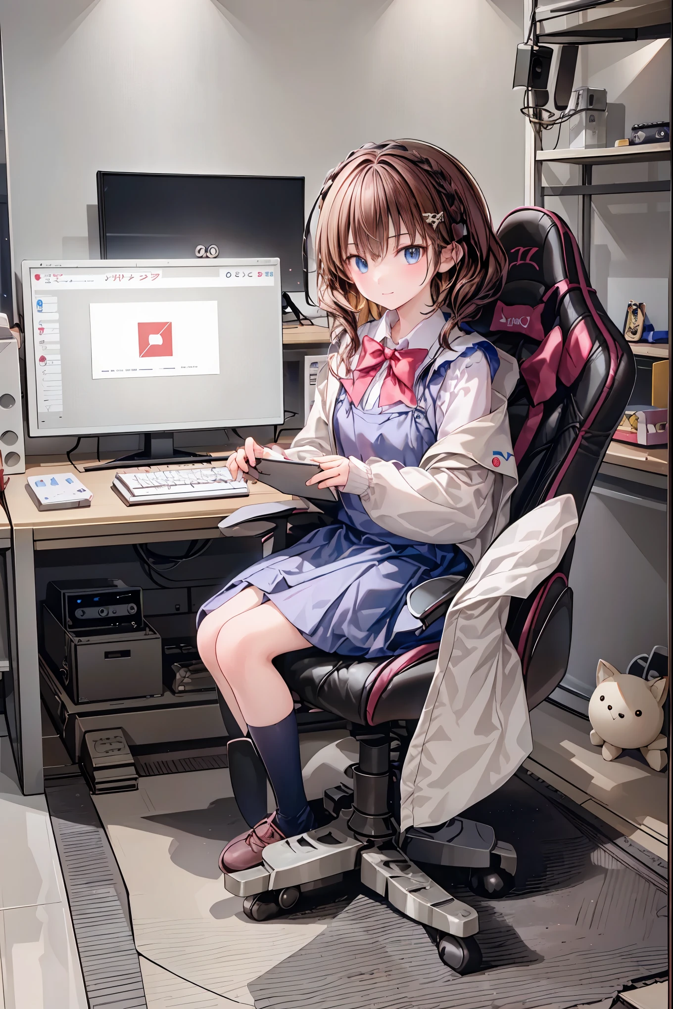 peace sign on the side of the face,Candy in hand,MANIPULATE YOUR SCREEN LIKE A GAME,programming room interior,EXTREME DETAIL DISPLAY,EXTREME DETAIL DRAWING,typing speedy two hands,IMMERSE YOUR SCREEN,anime breaking through digital space,Digital Illustration,Cyberpunk, future,cowboy shot, network (((PRIVATE PC ROOM))),(((giant pc monitor))),(((multiple monitors))),((operate the keyboard女の子)),ピース✌️サインをするhacker,hacker,Depict the keyboard accurately,hacked,(スイートhacker),(((is putting a keyboard on her lap))),hacker, Multi Display, Complex image displayed on a modern PC display that glows blue, complicated image displayed on a display, hitting the keyboard in the foreground,Dark Room, night,深night,((凄腕の女子高生hacker)),brown hair,shortcuts,unkempt hair,Short braided hair,Neat,slender beauty,correct posture,small breasted,beautiful legs,Enchanting Gray-Blue Eyes Shine Like Stars,Saggy Eyes,Brilliant Colors,beautiful eyes,A delicate smile,Textured Skin,Best quality at its best,gentle and beautiful woman,anime style、(Hobbies),Holding candy,candy with a different color on one eye,ゲームのように network を突破する,(((PRIVATE PC ROOM))),(((giant pc monitor))),(((multiple monitors))),((operate the keyboard)),DIVERSE IN THE DIGITAL SPACE, smile fearlessly, 最High Quality, FACE FOCUS, soft lights, ウルトラhigh resolution, (photorealistic:1.4), ORIGINAL PICTURES, 1 Japanese girl, solo, cute, (pupil, individual eye light), (Tiny Chest),(人間の肌の質感high resolutionの詳細), (long hair), blazer uniform, charcoal vest, skirt, (Upper Thigh), High Quality,4K,8K,high resolution,Masterpiece,Ultra Fine,real,フォトreal,HDR,UHD,Studio Lighting,EXTREME DETAIL DRAWING,Professional,Brilliant Colors彩,ボケ 幸せな表情の女性のhacker,Tight posture,Concentrated Expression