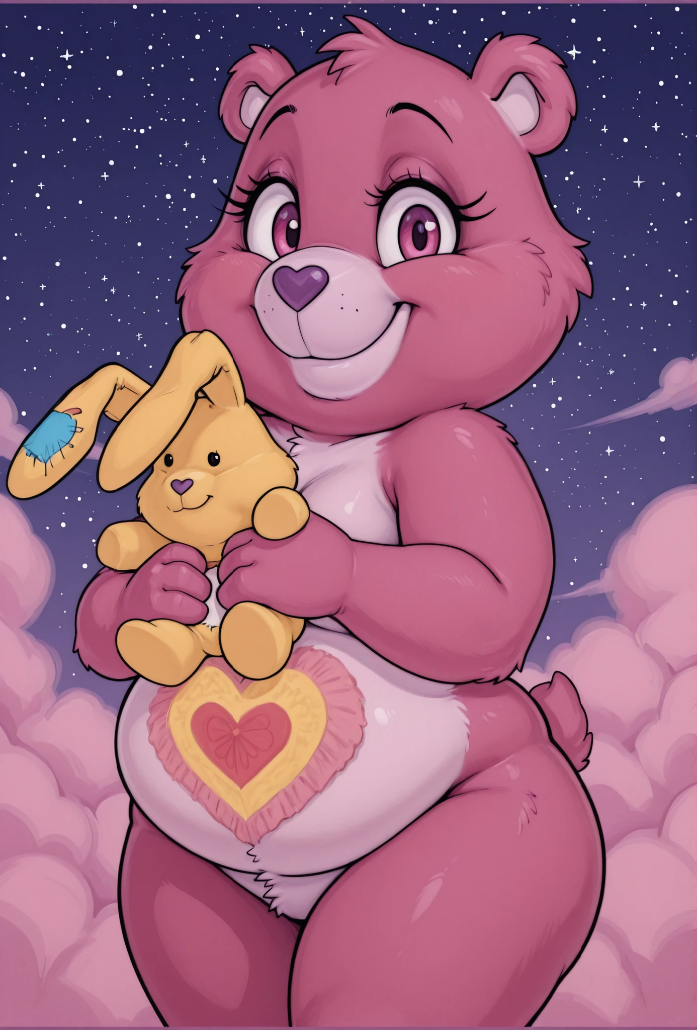 score_9, score_8_up, score_8, furry, solo, ((nude)), ((face focus)), ((little bear)), ((small size)), ((bottom view)), ((holding a large yellow stuffed rabbit in his hand)), cute, happy, ((smile)), ((chubby:1.5))),((white muzzle)),((white belly)),((dark pink butt)),((dark pink eyes)),((close view:1.5)),((dark pink fur)), ((medium belly)), ((dark pink body)) ((dark pink nose)),(eyelashes:1.2),long eyelashes, ((on a cloud)),((starry sky)),((at night)), fat body, nsfw,((looks at the viewer)),((detailed face)),detailed eyes,uploaded on e621, (intricate:1.1), (high detail:1.2), (masterpiece, best quality, 4k, 2k, shaded, absurd res)