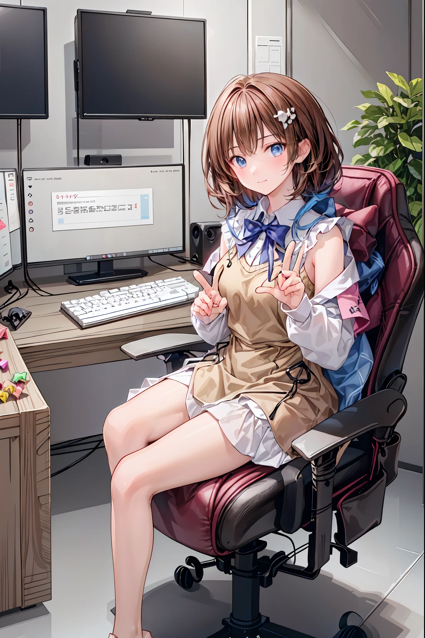 (((peace sign on the side of the face))),Candy in hand,MANIPULATE YOUR SCREEN LIKE A GAME,(((programming room interior))),EXTREME DETAIL DISPLAY,EXTREME DETAIL DRAWING,typing speedy two hands,IMMERSE YOUR SCREEN,Anime breaking through the digital space,Digital Illustration,Cyberpunk, future,cowboy shot, network ,(((PRIVATE PC ROOM))),(((giant pc monitor))),(((multiple monitors))),((operate the keyboard女の子)),ピース✌️サインをするhacker,hacker,Depict the keyboard accurately,hacked,(スイートhacker),(((is putting a keyboard on her lap))),hacker, Multi Display, Complex image displayed on a modern PC display that glows blue, complicated image displayed on a display, hitting the keyboard in the foreground,Dark Room, night,深night,((凄腕の女子高生hacker)),brown hair,shortcuts,unkempt hair,Short braided hair,Neat,slender beauty,correct posture,small breasted,beautiful legs,Enchanting Gray-Blue Eyes Shine Like Stars,Saggy Eyes,Brilliant Colors,beautiful eyes,A delicate smile,Textured Skin,Best quality at its best,gentle and beautiful woman,anime style、(Hobbies),Holding candy,candy with a different color on one eye,ゲームのように network を突破する,(((PRIVATE PC ROOM))),(((giant pc monitor))),(((multiple monitors))),((operate the keyboard)),DIVERSE IN THE DIGITAL SPACE, smile fearlessly, 最High Quality, FACE FOCUS, soft lights, ウルトラhigh resolution, (photorealistic:1.4), ORIGINAL PICTURES, 1 Japanese girl, solo, cute, (pupil, individual eye light), (Tiny Chest),(人間の肌の質感high resolutionの詳細), (long hair), blazer uniform, charcoal vest, skirt, (Upper Thigh), High Quality,4K,8K,high resolution,Masterpiece,Ultra Fine,real,フォトreal,HDR,UHD,Studio Lighting,EXTREME DETAIL DRAWING,Professional,Brilliant Colors彩,ボケ 幸せな表情の女性のhacker,Tight posture,Concentrated Expression