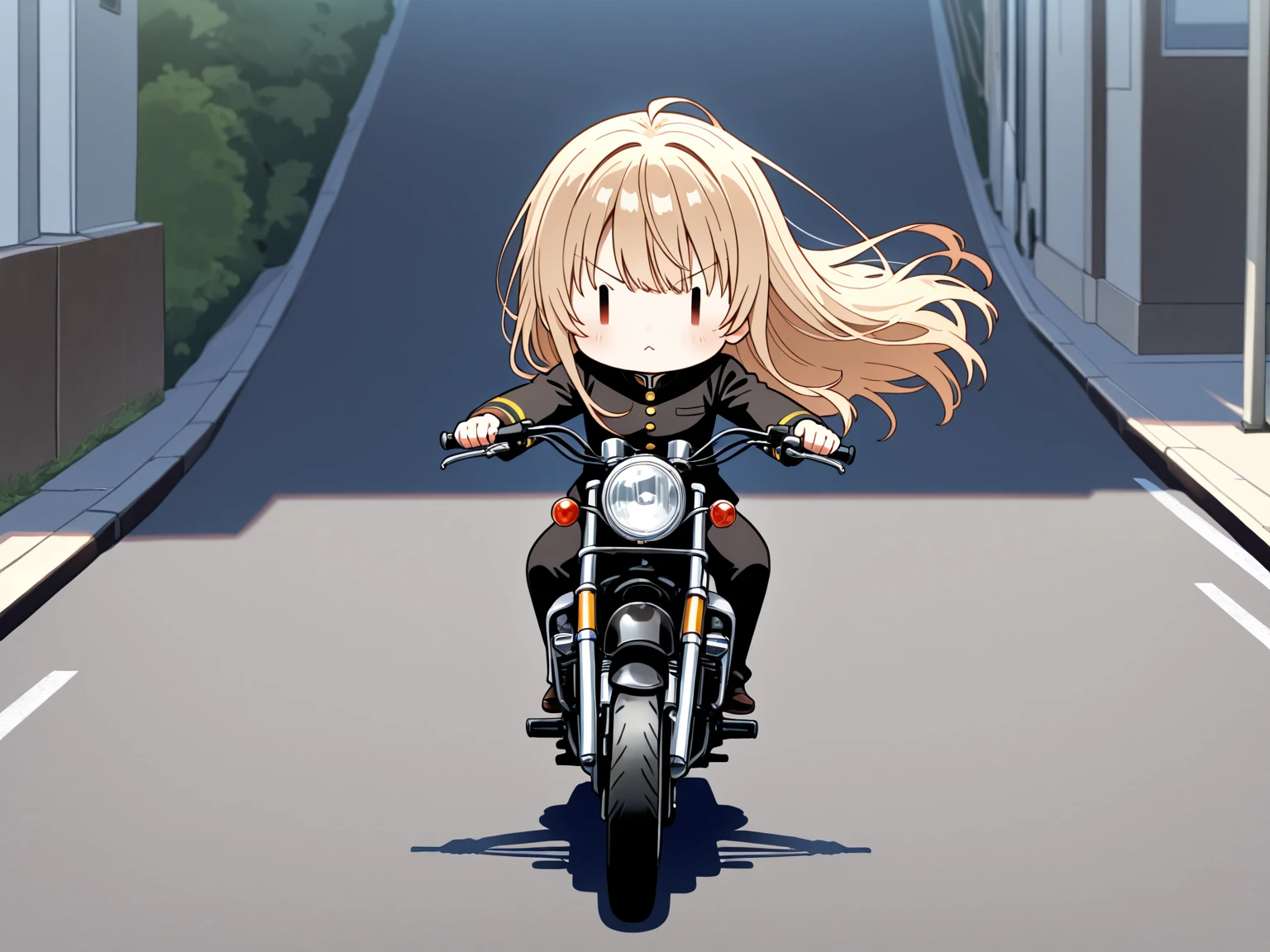 Golden hair, golden eyes with black pupils, woman, cruiser motorcycle, big , motorcycle goggles, backwards hat, happy, big smile, dirty, burning city at night, zombie apocalypse, black streetwear, speeding, highly detailed, perfect eyes, perfect hands,