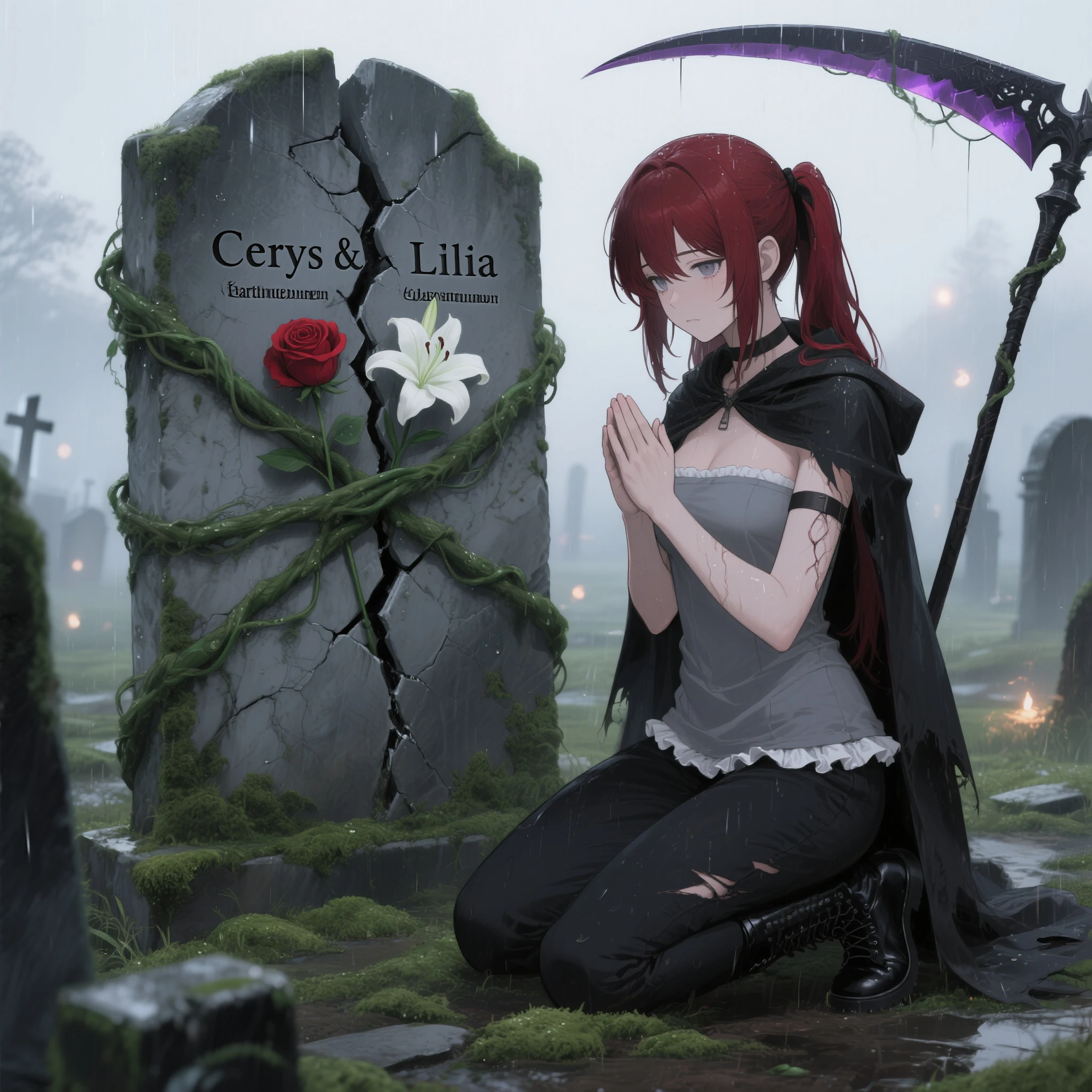 (masterpiece:1.2, best quality), (beautifully detailed eyes:1.2), (beautiful detailed face, good hands), anime style, cinematic fantasy illustration,
Kairen Levestrum, the red-haired gravekeeper known as “Death’s Gardener,” kneeling in prayer before a broken gravestone engraved with two names — Cerys & Lilia.

The gravestone is visibly cracked in half, and two thick green vines are entwined tightly around the fracture, wrapping across the crack like a net, firmly binding both halves together so they do not fall apart.
The vines’ texture is lush and natural, covered in morning dew. Their ends rise upward onto the top of the stone, where two flowers bloom side by side — a red rose (eternal love) and a white lily (pure farewell), their petals shining softly in the dawn light.

After the rain, the moss-covered cemetery glows faintly under the mist. The humid air carries the scent of wet earth, and faint ethereal soul lights drift in the background.

Kairen has long dark red hair, slightly damp and tied into low twin tails with trimmed bangs, gray eyes that look tired yet gentle, and a calm, expressionless face showing quiet empathy.
She wears a strapless gray shirt with white frill trim, black pants, and black combat boots, with a tattered black cloak draped over her shoulders.
A dark scythe with a deep violet blade rests beside her, faintly glowing in the sunrise, and a small lantern glimmers near her hand.

The scene is painted in warm dawn colors—golden orange and pale pink mixing through morning mist.
Dramatic lighting, cinematic composition, soft moisture reflections, (color guide:1.2), (full body), the vines and flowers clearly visible as the main symbolic focus, dynamic but serene atmosphere.
center composition, the gravestone and Kairen both visible in the same frame.