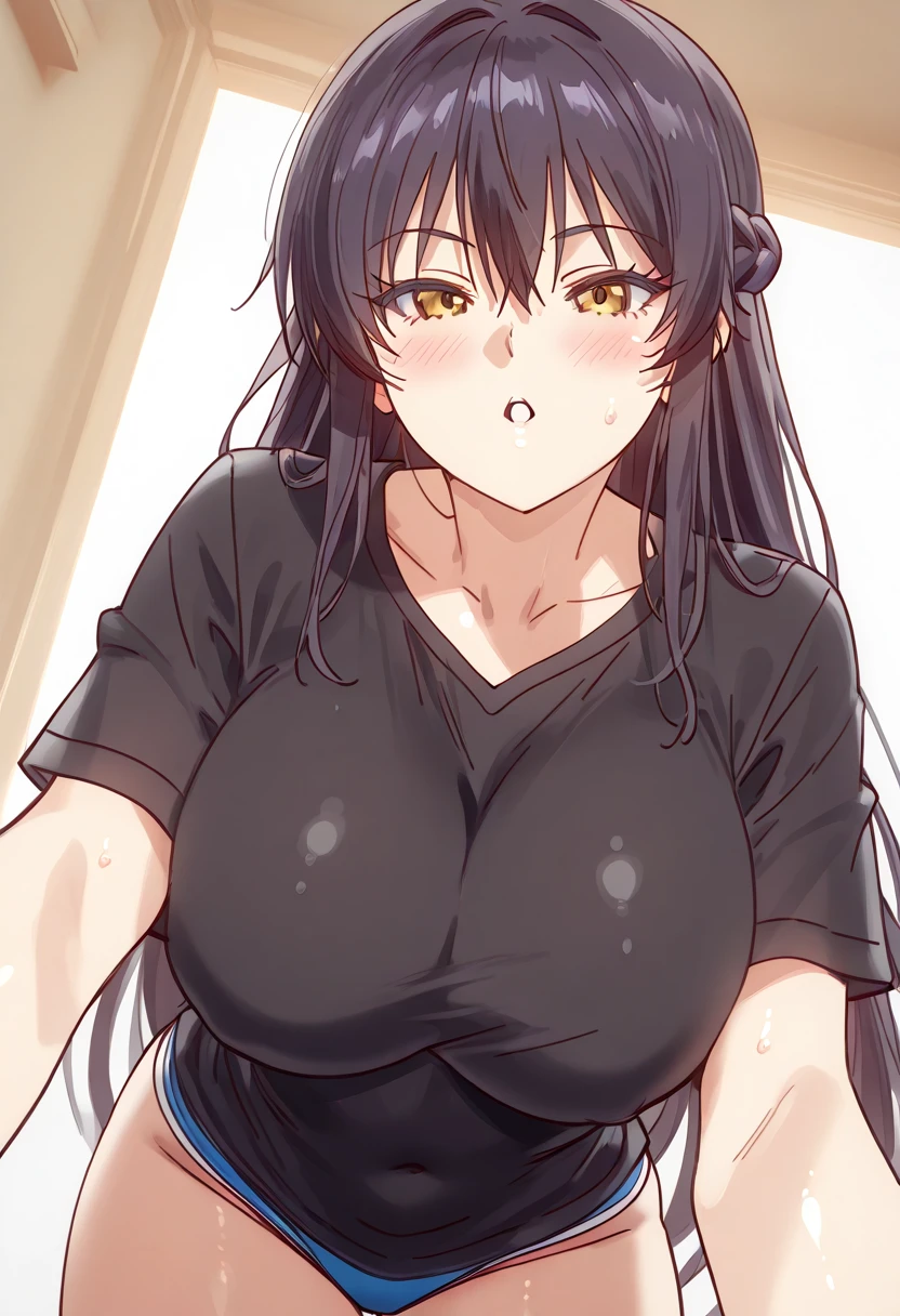 score_9, score_8_up, score_7_up, source_anime BREAK 1girl, cowboy shot, solo, looking at viewer
  <lora:KagariAyakaDwnsty:0.9>, kagariwitch, black hair, green eyes, long hair, ahoge, school uniform, skirt, black thighhighs, , , 
, lips, expressionless, blush, <lora:Paizuri_hands_on_side:1>, paisqueeze,  squeezed together, motion blur, sweat, 1boy, pov, , precum, bouncing , unaligned , 
indoors, bedroom, on bed, window, cloudy sky,