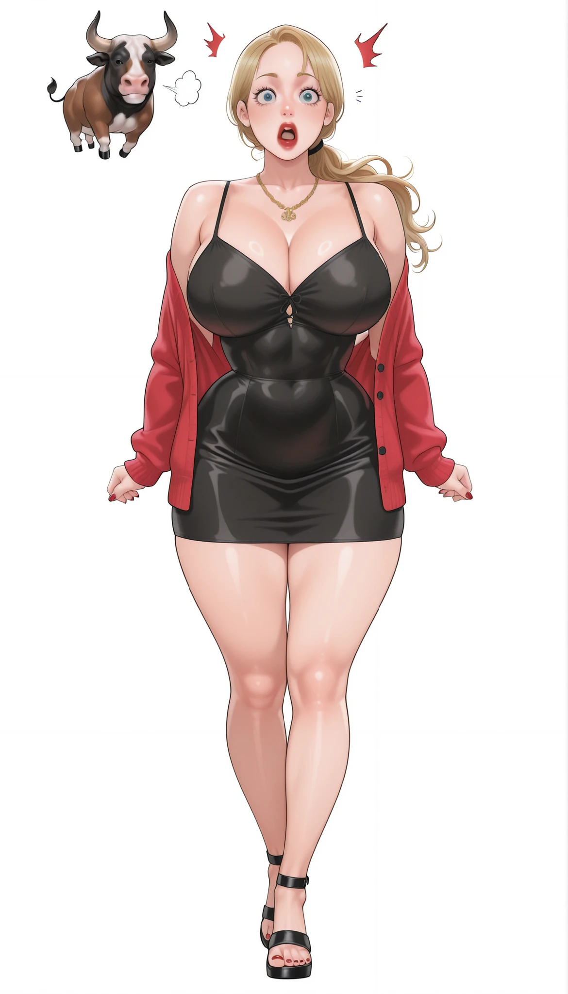 Yumi (New Town), a beautiful extremely sexy woman with long glowy sleek yellow-blonde hair, light-blue eyes, bimbo plump round red lips, bright red nails, extremely fair white glowy skin, a cinched small tight narrow waist, an hourglass figure, big breasts, a small tight cinched waist, and a sexy voluptuous-curvy body. She's wearing a revealing mini short tight black dress with spaghetti straps and a V-neckline, a separate front-open unbuttoned baggy light-red cardigan worn in an off-shoulder style over the dress, one ribbon tied in her hair, a gold necklace, full bare legs, and strappy ankle tall black sandals. She's riding on a giant jumpoing bull, shocked hilarious expression, hair flying, and a plain white empty background. Show her full body head to sandals, proper middle-waist level view, and super creative hyper-detailed.