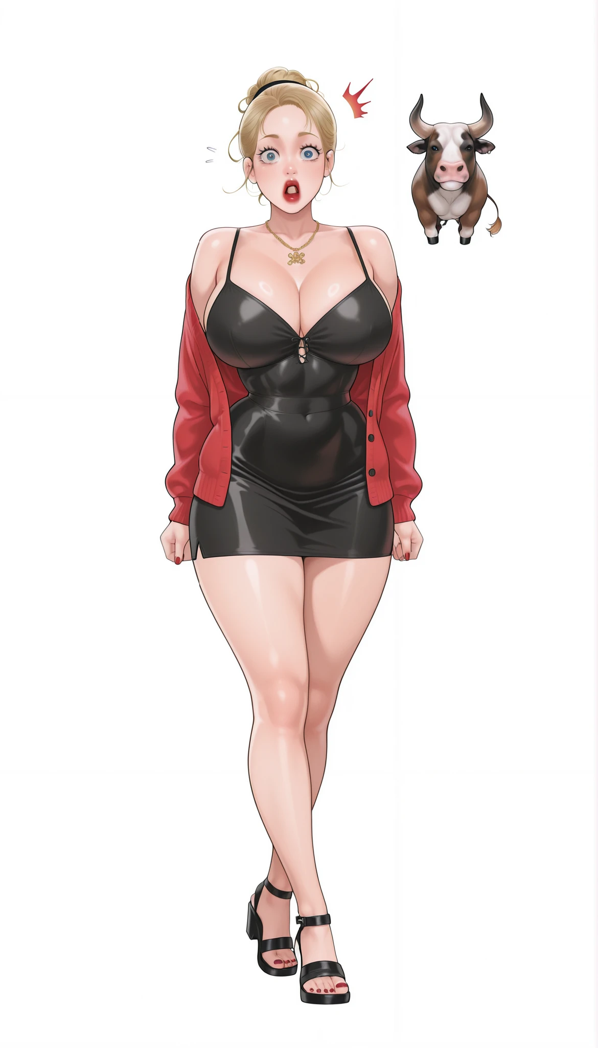 Yumi (New Town), a beautiful extremely sexy woman with long glowy sleek yellow-blonde hair, light-blue eyes, bimbo plump round red lips, bright red nails, extremely fair white glowy skin, a cinched small tight narrow waist, an hourglass figure, big breasts, a small tight cinched waist, and a sexy voluptuous-curvy body. She's wearing a revealing mini short tight black dress with spaghetti straps and a V-neckline, a separate front-open unbuttoned baggy light-red cardigan worn in an off-shoulder style over the dress, one ribbon tied in her hair, a gold necklace, full bare legs, and strappy ankle tall black sandals. She's riding on a giant jumpoing bull, shocked hilarious expression, hair flying, and a plain white empty background. Show her full body head to sandals, proper middle-waist level view, and super creative hyper-detailed.