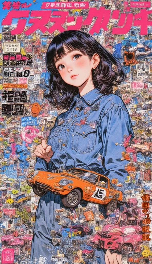 black , Japanese school girl, Hans Bellmer, ball-jointed dolls, brown hair, gothic lolita fashion, black cool space cars, 2020s fashion illustrations, acrylic paintings, super surrealism,red orange,super real painting,playing electric guitar,black 