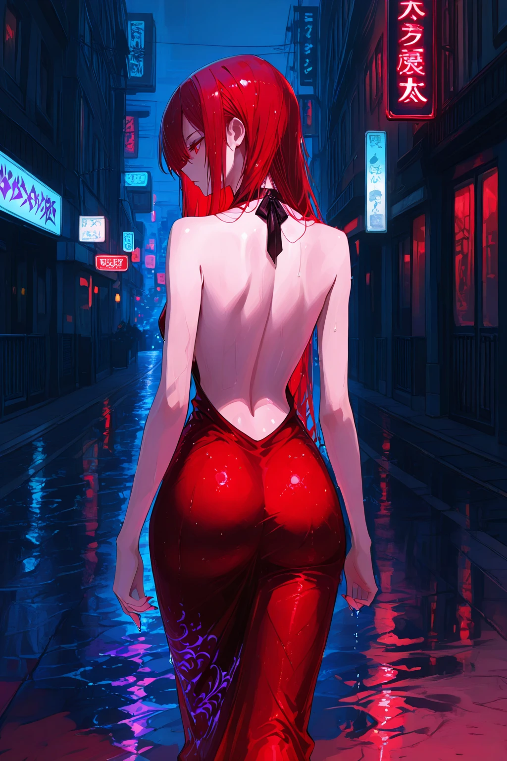 (masterpiece:1.2, best quality), 1girl, 18yo, ??????????, ????? bottom, black dress, ???????????, ginger hair, femme fatale, noir, red lipstick, night, dark, 1930s city street, anime minimalist, watercolor