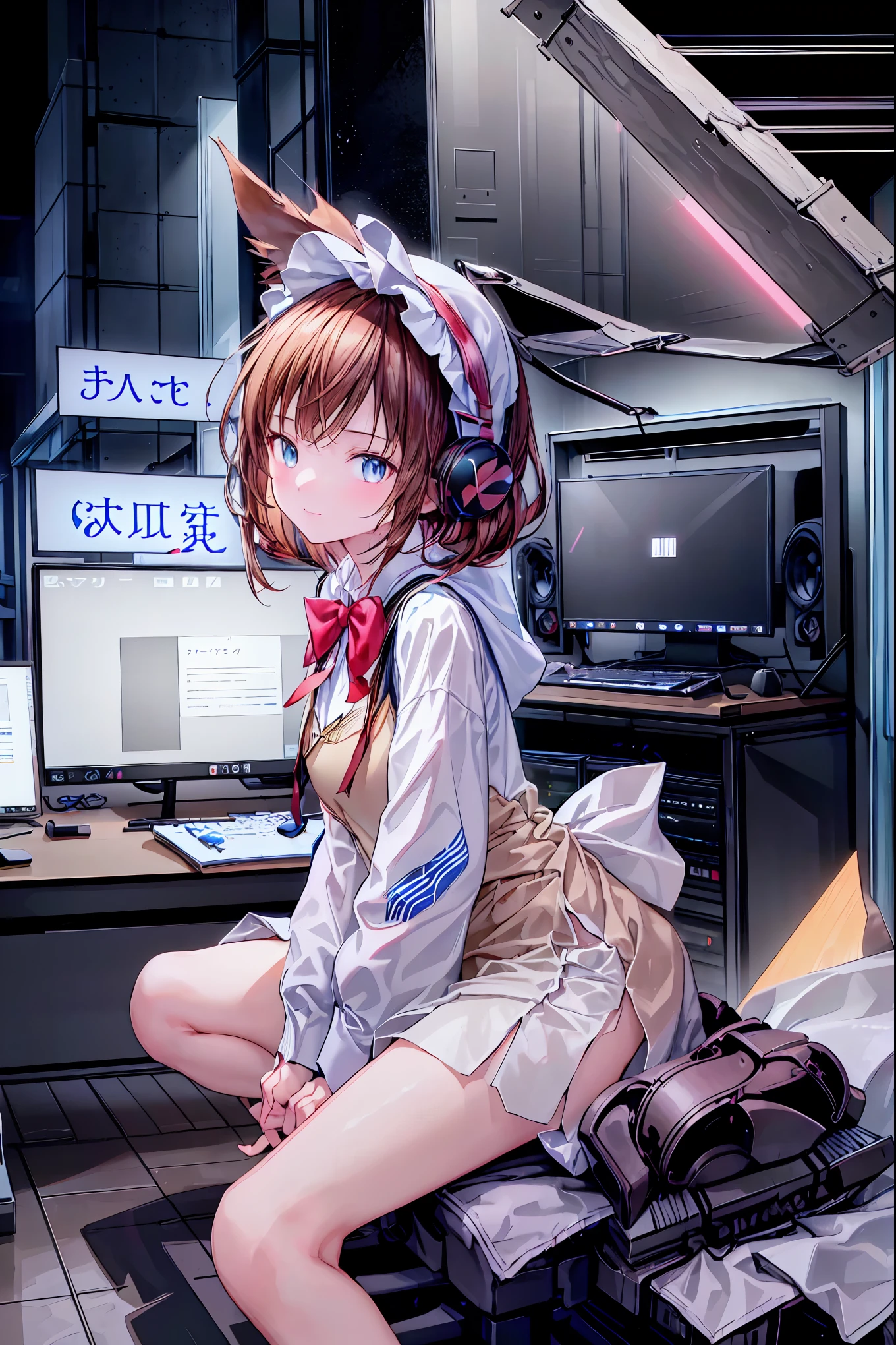 (((peace sign on the side of the face))),Candy in hand,MANIPULATE YOUR SCREEN LIKE A GAME,(((programming room interior))),EXTREME DETAIL DISPLAY,EXTREME DETAIL DRAWING,typing speedy two hands,IMMERSE YOUR SCREEN,Anime breaking through the digital space,Digital Illustration,Cyberpunk, future,cowboy shot, network ,(((PRIVATE PC ROOM))),(((giant pc monitor))),(((multiple monitors))),((operate the keyboard女の子)),ピース✌️サインをするhacker,hacker,Depict the keyboard accurately,hacked,(スイートhacker),(((is putting a keyboard on her lap))),hacker, Multi Display, Complex image displayed on a modern PC display that glows blue, complicated image displayed on a display, hitting the keyboard in the foreground,Dark Room, night,深night,((凄腕の女子高生hacker)),brown hair,shortcuts,unkempt hair,Short braided hair,Neat,slender beauty,correct posture,small breasted,beautiful legs,Enchanting Gray-Blue Eyes Shine Like Stars,Saggy Eyes,Brilliant Colors,beautiful eyes,A delicate smile,Textured Skin,Best quality at its best,gentle and beautiful woman,anime style、(Hobbies),Holding candy,candy with a different color on one eye,ゲームのように network を突破する,(((PRIVATE PC ROOM))),(((giant pc monitor))),(((multiple monitors))),((operate the keyboard)),DIVERSE IN THE DIGITAL SPACE, smile fearlessly, 最High Quality, FACE FOCUS, soft lights, ウルトラhigh resolution, (photorealistic:1.4), ORIGINAL PICTURES, 1 Japanese girl, solo, cute, (pupil, individual eye light), (Tiny Chest),(人間の肌の質感high resolutionの詳細), (long hair), blazer uniform, charcoal vest, skirt, (Upper Thigh), High Quality,4K,8K,high resolution,Masterpiece,Ultra Fine,real,フォトreal,HDR,UHD,Studio Lighting,EXTREME DETAIL DRAWING,Professional,Brilliant Colors彩,ボケ 幸せな表情の女性のhacker,Tight posture,Concentrated Expression