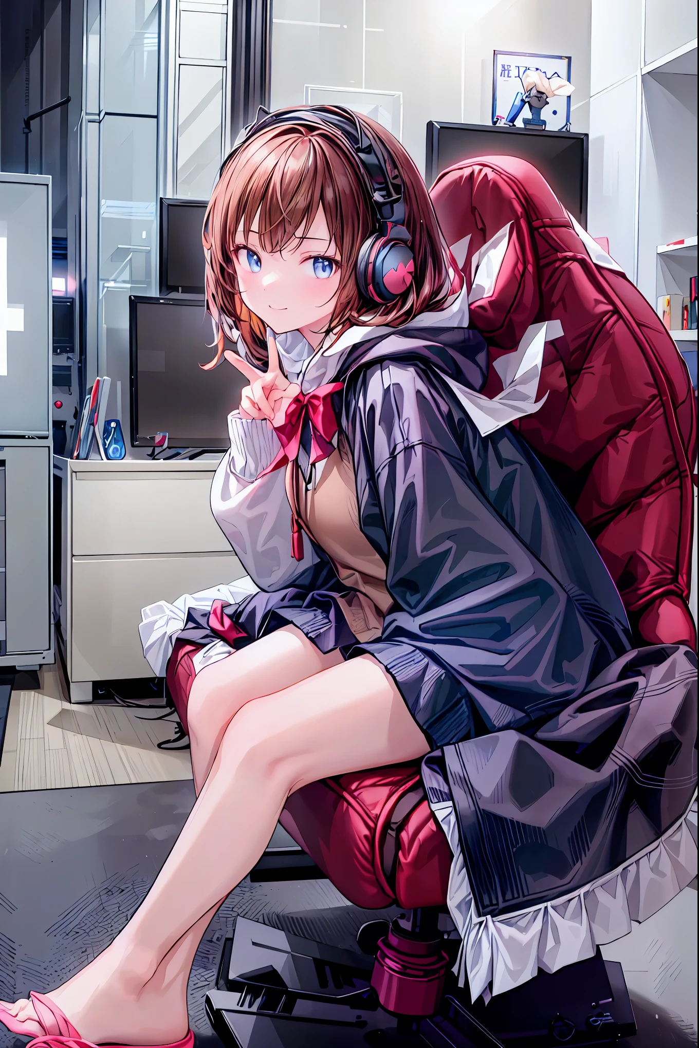 (((peace sign on the side of the face))),Candy in hand,MANIPULATE YOUR SCREEN LIKE A GAME,(((programming room interior))),EXTREME DETAIL DISPLAY,EXTREME DETAIL DRAWING,typing speedy two hands,IMMERSE YOUR SCREEN,Anime breaking through the digital space,Digital Illustration,Cyberpunk, future,cowboy shot, network ,(((PRIVATE PC ROOM))),(((giant pc monitor))),(((multiple monitors))),((operate the keyboard女の子)),ピース✌️サインをするhacker,hacker,Depict the keyboard accurately,hacked,(スイートhacker),(((is putting a keyboard on her lap))),hacker, Multi Display, Complex image displayed on a modern PC display that glows blue, complicated image displayed on a display, hitting the keyboard in the foreground,Dark Room, night,深night,((凄腕の女子高生hacker)),brown hair,shortcuts,unkempt hair,Short braided hair,Neat,slender beauty,correct posture,small breasted,beautiful legs,Enchanting Gray-Blue Eyes Shine Like Stars,Saggy Eyes,Brilliant Colors,beautiful eyes,A delicate smile,Textured Skin,Best quality at its best,gentle and beautiful woman,anime style、(Hobbies),Holding candy,candy with a different color on one eye,ゲームのように network を突破する,(((PRIVATE PC ROOM))),(((giant pc monitor))),(((multiple monitors))),((operate the keyboard)),DIVERSE IN THE DIGITAL SPACE, smile fearlessly, 最High Quality, FACE FOCUS, soft lights, ウルトラhigh resolution, (photorealistic:1.4), ORIGINAL PICTURES, 1 Japanese girl, solo, cute, (pupil, individual eye light), (Tiny Chest),(人間の肌の質感high resolutionの詳細), (long hair), blazer uniform, charcoal vest, skirt, (Upper Thigh), High Quality,4K,8K,high resolution,Masterpiece,Ultra Fine,real,フォトreal,HDR,UHD,Studio Lighting,EXTREME DETAIL DRAWING,Professional,Brilliant Colors彩,ボケ 幸せな表情の女性のhacker,Tight posture,Concentrated Expression