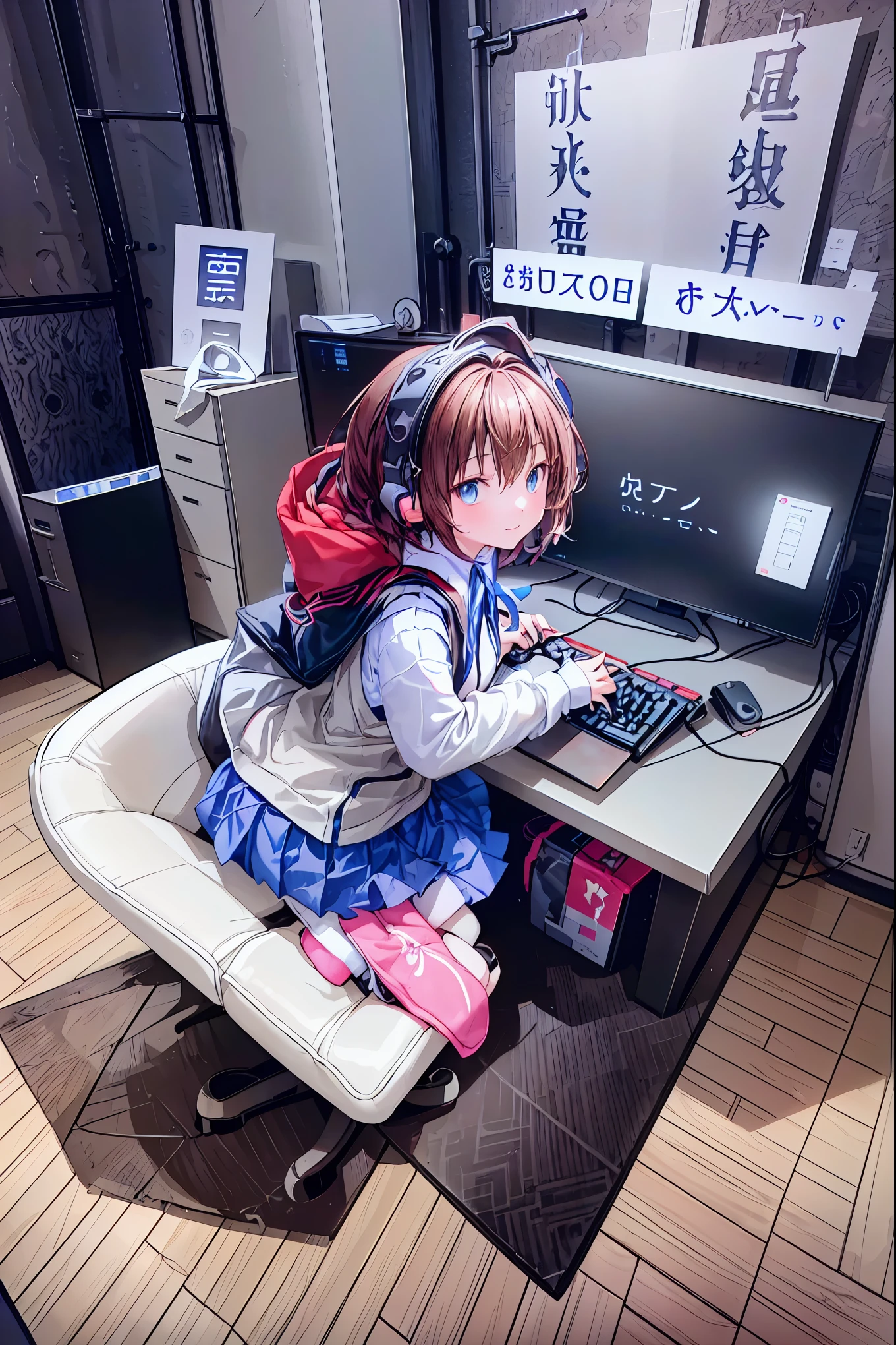 (((peace sign on the side of the face)))，Candy in hand,MANIPULATE YOUR SCREEN LIKE A GAME,(((programming room interior))),EXTREME DETAIL DISPLAY,EXTREME DETAIL DRAWING,typing speedy two hands,IMMERSE YOUR SCREEN,Anime breaking through the digital space,Digital Illustration,Cyberpunk, future,cowboy shot， network ，(((PRIVATE PC ROOM)))，(((giant pc monitor)))，(((multiple monitors)))，((operate the keyboard女の子))，ピース✌️サインをするhacker，hacker，Depict the keyboard accurately，hacked，(スイートhacker)，(((is putting a keyboard on her lap)))，hacker, Multi Display, Complex image displayed on a modern PC display that glows blue, complicated image displayed on a display, hitting the keyboard in the foreground,Dark Room, night，深night，((凄腕の女子高生hacker))，brown hair，shortcuts，unkempt hair，Short braided hair，Neat，slender beauty，correct posture，small breasted，beautiful legs，Enchanting Gray-Blue Eyes Shine Like Stars，Saggy Eyes，Brilliant Colors,beautiful eyes,A delicate smile,Textured Skin,Best quality at its best,gentle and beautiful woman,anime style､(Hobbies)，Holding candy，candy with a different color on one eye，ゲームのように network を突破する，(((PRIVATE PC ROOM)))，(((giant pc monitor)))，(((multiple monitors)))，((operate the keyboard))，DIVERSE IN THE DIGITAL SPACE， smile fearlessly， 最High Quality, FACE FOCUS, soft lights, ウルトラhigh resolution, (photorealistic:1.4), ORIGINAL PICTURES, 1 Japanese girl, solo, cute, (pupil, individual eye light), (Tiny Chest),(人間の肌の質感high resolutionの詳細), (long hair), blazer uniform, charcoal vest, skirt, (Upper Thigh)， High Quality,4K,8K,high resolution,Masterpiece,Ultra Fine,real,フォトreal,HDR,UHD,Studio Lighting,EXTREME DETAIL DRAWING,Professional,Brilliant Colors彩,ボケ 幸せな表情の女性のhacker,Tight posture,Concentrated Expression