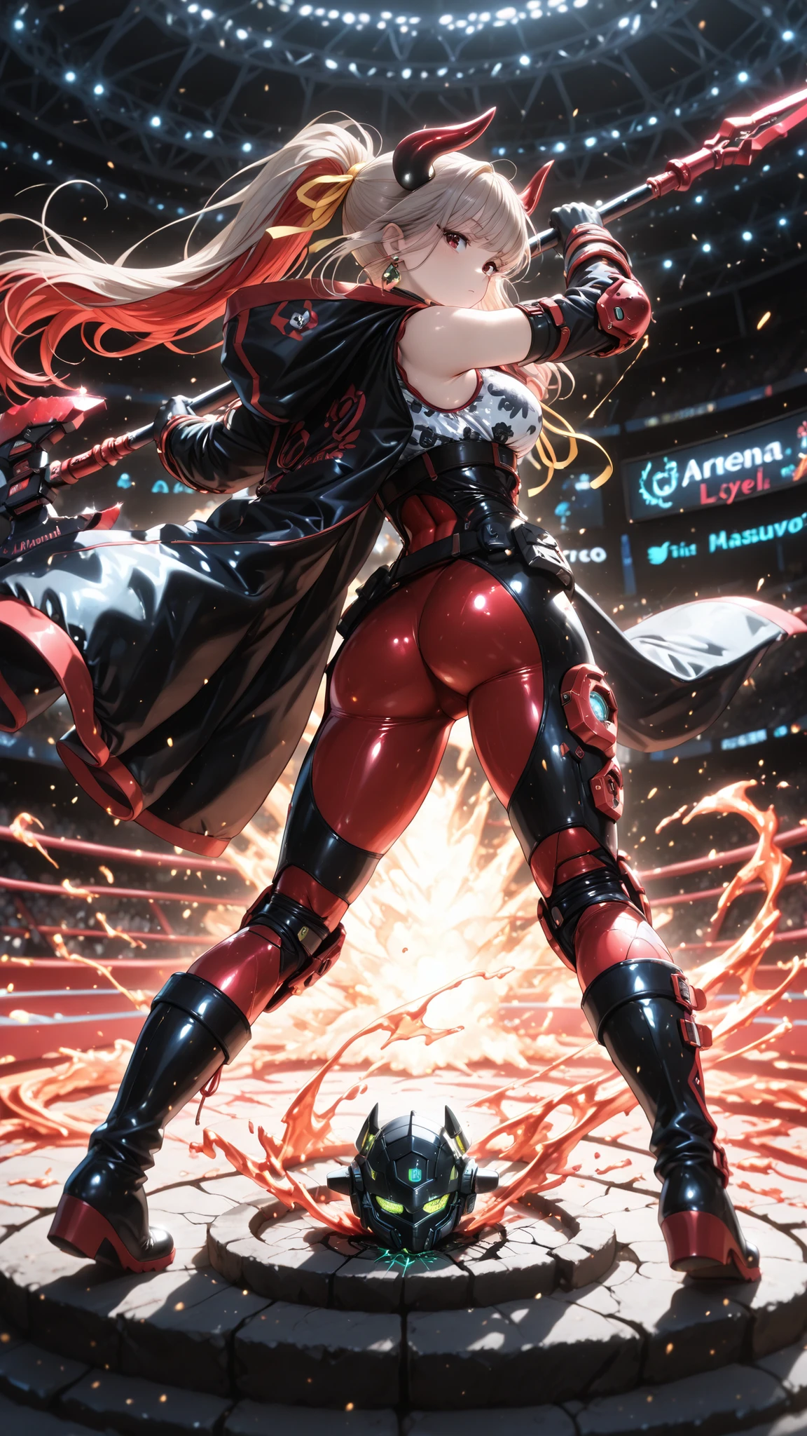 ( Very imaginative) , Curvy Avesalminotaur Girl , details , slender and cute Japanese face , (tall) , (166cm:1.1) . BREAK (Bouncing figure:1.2) , (Very Large Underbust:1.2) , Thick Tight Body , (cracked , slim abs) , (Getting Narrower た鼠径部:1.2) , Getting Narrower , My toes are long ,Thick sole , Yellow IME , Ultra Gloss Skin , About,Reddish Skin . BREAK (赤い髪 , beige hair , multi colo red hair , Colorful Hair , Cute Japanese Face with Detailed Care) , Medium-length hair , high ponytail , Curl ends . BREAK (details sleeveless red exterior , light leather on the inside of a long jacket) , (Inner Place々sexy bodysuit with holes) , (big, sturdy cow horns , with Accessories ) . BREAK (details navy show sleeveless night white silk shirt,Brown line:1.15) , (red low rise leather hot pants) . BREAK (内側が赤いblackサイハイハイソックス) , (White Heavy Cyber Gear Knee High Boots , detailsな黄色の紐:1.2) , (thigh high gloves with details black and red combat cover:1.2) , earrings from behind , yellow ribbon . BREAK (Red and White Patterned Showgirl's Medium Armor Cloak:1.15) , (Thematic depth:1.2) , (2 unbelievably large red blades , black, and pale devil's axe-patterned spear) . Orange Eyebrows , (Arena background:1.2) , (Random Hero Poses:1.2) , Lifting a Weapon , Swinging Down a Weapon , During combat . Break the Angle of Your Upper Body , (Rimlight) , dynamic shadows . BREAK (God's miracle masterpiece:1.2 . BREAK Best High Quality , High Quality:1.2 , unity 8k ) .