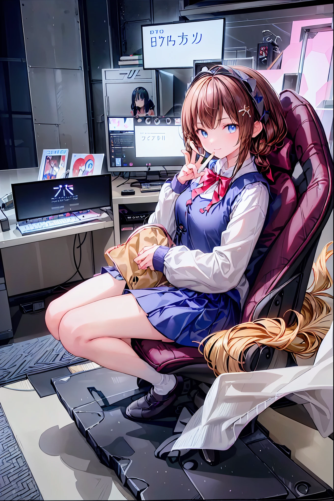 (((peace sign on the side of the face))),Candy in hand,MANIPULATE YOUR SCREEN LIKE A GAME,(((programming room interior))),EXTREME DETAIL DISPLAY,EXTREME DETAIL DRAWING,typing speedy two hands,IMMERSE YOUR SCREEN,Anime breaking through the digital space,Digital Illustration,Cyberpunk, future,cowboy shot, network ,(((PRIVATE PC ROOM))),(((giant pc monitor))),(((multiple monitors))),((operate the keyboard女の子)),ピース✌️サインをするhacker,hacker,Depict the keyboard accurately,hacked,(スイートhacker),(((is putting a keyboard on her lap))),hacker, Multi Display, Complex image displayed on a modern PC display that glows blue, complicated image displayed on a display, hitting the keyboard in the foreground,Dark Room, night,深night,((凄腕の女子高生hacker)),brown hair,shortcuts,unkempt hair,Short braided hair,Neat,slender beauty,correct posture,small breasted,beautiful legs,Enchanting Gray-Blue Eyes Shine Like Stars,Saggy Eyes,Brilliant Colors,beautiful eyes,A delicate smile,Textured Skin,Best quality at its best,gentle and beautiful woman,anime style、(Hobbies),Holding candy,candy with a different color on one eye,ゲームのように network を突破する,(((PRIVATE PC ROOM))),(((giant pc monitor))),(((multiple monitors))),((operate the keyboard)),DIVERSE IN THE DIGITAL SPACE, smile fearlessly, 最High Quality, FACE FOCUS, soft lights, ウルトラhigh resolution, (photorealistic:1.4), ORIGINAL PICTURES, 1 Japanese girl, solo, cute, (pupil, individual eye light), (Tiny Chest),(人間の肌の質感high resolutionの詳細), (long hair), blazer uniform, charcoal vest, skirt, (Upper Thigh), High Quality,4K,8K,high resolution,Masterpiece,Ultra Fine,real,フォトreal,HDR,UHD,Studio Lighting,EXTREME DETAIL DRAWING,Professional,Brilliant Colors彩,ボケ 幸せな表情の女性のhacker,Tight posture,Concentrated Expression