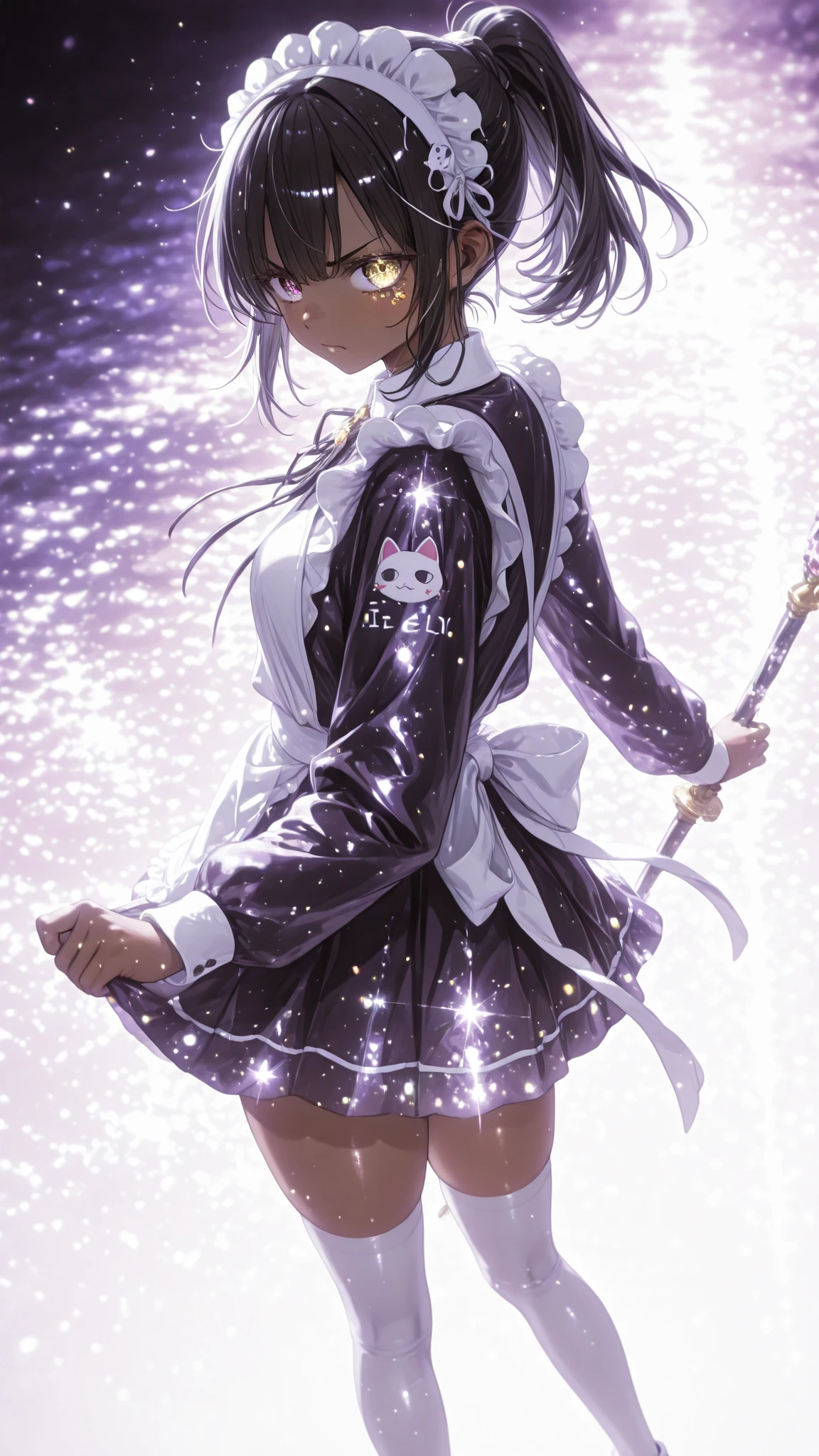 uniform brown skin High Angle black hair ponytail {{{(Gold's unusual eyes), (purple odd-eye)}}} white maid headband Get a little angry and feel like you're saying 、I feel like I'm saying it The color on the inside is gold Purple light particles lots of glitter effects blurred background white knee-length socks thighs crouches