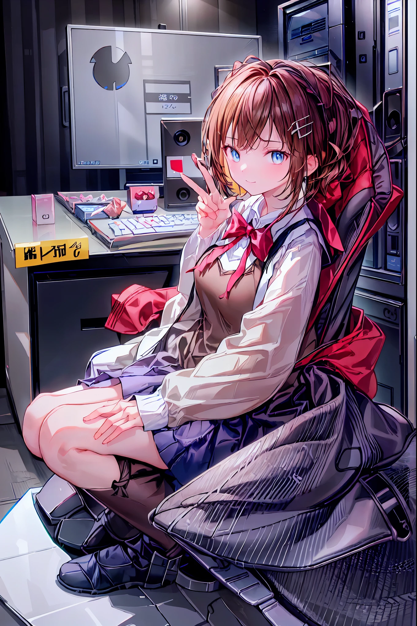 (((peace sign on the side of the face))),Candy in hand,MANIPULATE YOUR SCREEN LIKE A GAME,(((programming room interior))),EXTREME DETAIL DISPLAY,EXTREME DETAIL DRAWING,typing speedy two hands,IMMERSE YOUR SCREEN,Anime breaking through the digital space,Digital Illustration,Cyberpunk, future,cowboy shot, network ,(((PRIVATE PC ROOM))),(((giant pc monitor))),(((multiple monitors))),((operate the keyboard女の子)),ピース✌️サインをするhacker,hacker,Depict the keyboard accurately,hacked,(スイートhacker),(((is putting a keyboard on her lap))),hacker, Multi Display, Complex image displayed on a modern PC display that glows blue, complicated image displayed on a display, hitting the keyboard in the foreground,Dark Room, night,深night,((凄腕の女子高生hacker)),brown hair,shortcuts,unkempt hair,Short braided hair,Neat,slender beauty,correct posture,small breasted,beautiful legs,Enchanting Gray-Blue Eyes Shine Like Stars,Saggy Eyes,Brilliant Colors,beautiful eyes,A delicate smile,Textured Skin,Best quality at its best,gentle and beautiful woman,anime style、(Hobbies),Holding candy,candy with a different color on one eye,ゲームのように network を突破する,(((PRIVATE PC ROOM))),(((giant pc monitor))),(((multiple monitors))),((operate the keyboard)),DIVERSE IN THE DIGITAL SPACE, smile fearlessly, 最High Quality, FACE FOCUS, soft lights, ウルトラhigh resolution, (photorealistic:1.4), ORIGINAL PICTURES, 1 Japanese girl, solo, cute, (pupil, individual eye light), (Tiny Chest),(人間の肌の質感high resolutionの詳細), (long hair), blazer uniform, charcoal vest, skirt, (Upper Thigh), High Quality,4K,8K,high resolution,Masterpiece,Ultra Fine,real,フォトreal,HDR,UHD,Studio Lighting,EXTREME DETAIL DRAWING,Professional,Brilliant Colors彩,ボケ 幸せな表情の女性のhacker,Tight posture,Concentrated Expression