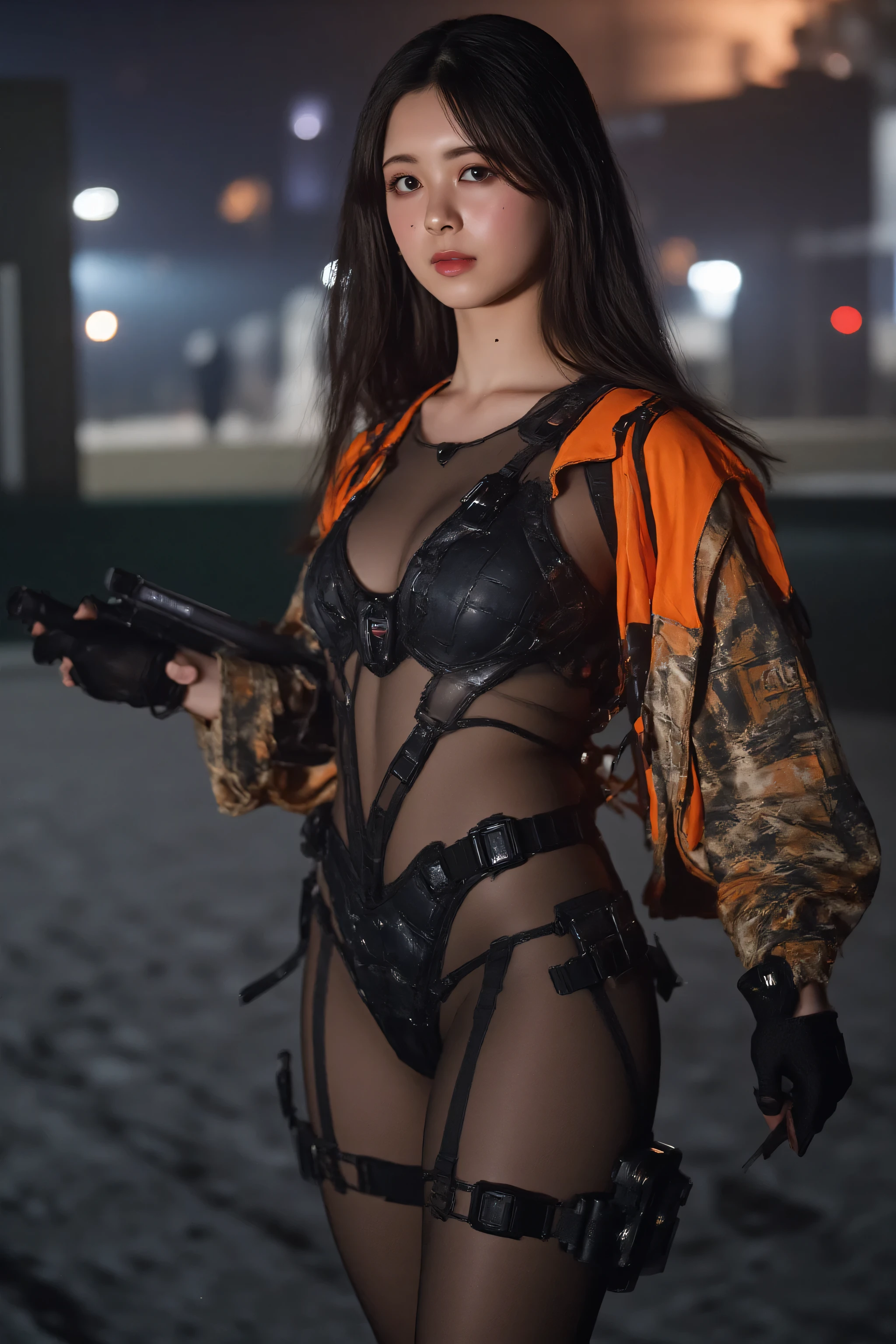 (((Midnight Heavy Snowfall Zone:2.0))),(((HR Gigger Style Cyberpunk Atmosphere:2.0))),(((holding a Japanese sword:2.0))),((Side view from back:2.0)),Side pose,((look back at camera:2.0)),((looking back over shoulder:2.0)),back view,Full Body,A woman,(cute faces getting creampied:1.5),(Beautiful well-balanced face :1.7),((long wavy hair:2.0)),(dark haired:1.5),(beautiful eyes:1.3),glamorous shot of a 20-year-old Japanese woman,Beautiful Slender Body,((model body type:2.0)),((slim body:1.7)),perfect body line,Ideal Proportions,((BIG BREASTS:2.0)),((F cup chest:1.5)),big boobs,Bare thighs,sensual thighs,delicate body,(muscular:1.7),a harmonious posture,((Realistic breast depiction :1.7)),((carefully depicts limbs based on perfect anatomy:2.0)),((beautiful tight butt:2.0)),((cute ass:2.0)),((T-back:2.0)),((((Samurai Armor Style Super High Leg Leotard:2.0)))),(((Super High Leg Leotard with Black Harness:2.0))),((((Samurai Armor Style Fluorescent Orange Military Jacket with Open Front:2.0))),((Tactical Holster:2.0)),(Gloves:1.7),((((thick fishnet tights with orange mesh:2.0)))),Concept Art,(Highest Quality:1.5),(masterpiece:1.5),(超高Resolution),Resolution,UHD,(Delicate Description),carefully drawn,32k,((realistic skin texture:1.5)),(((super realistic:1.5))),carefully drawn eyelashes,highly detailed face,highly detailed female hands, Sexy appearance ,very sensual,(Blurry, dim background:1.5),professional photography,(Movie Lights:2.0),((Blade Runner Style Lighting:2.0))