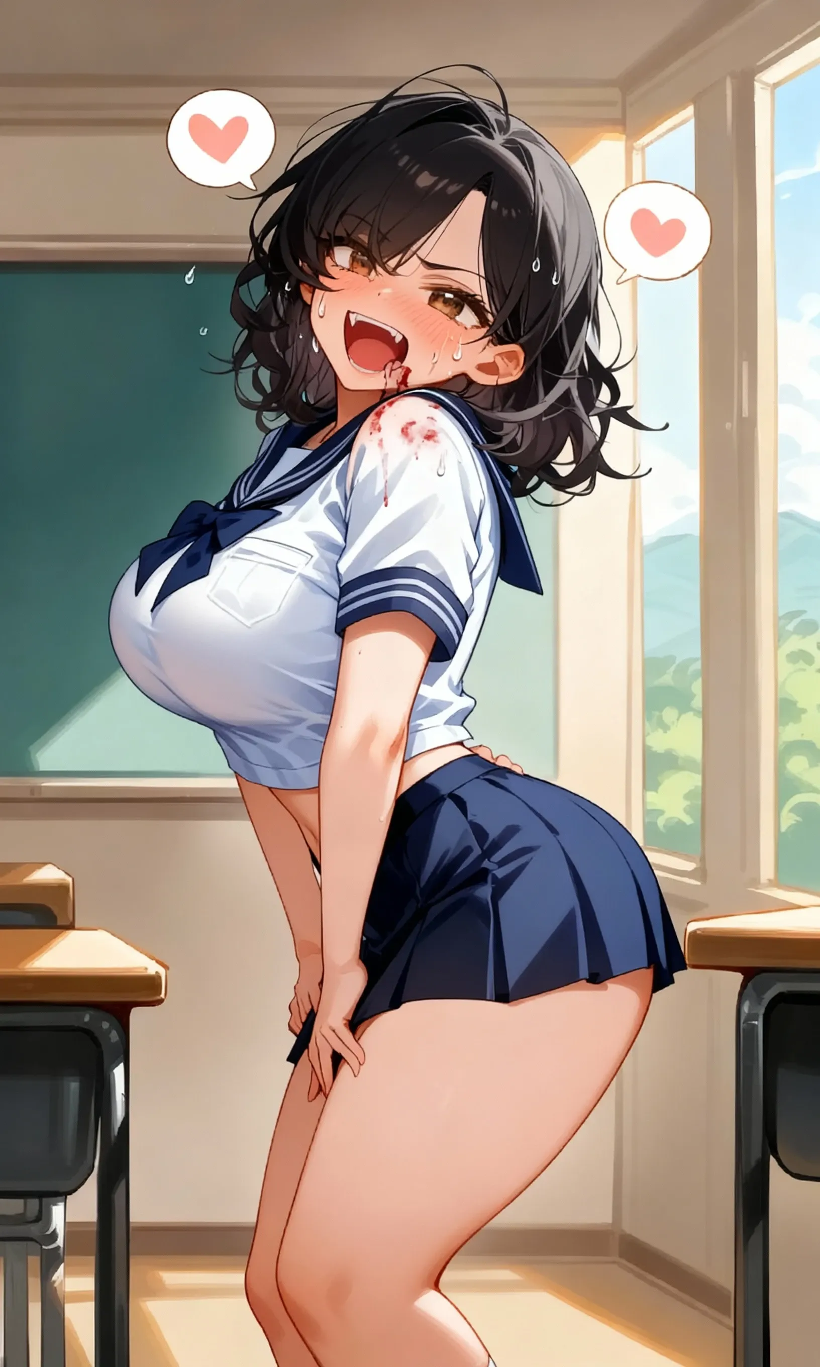 Score_9, score_8_up, score_7_up, score_6_up, score_5_up, score_4_up, source_anime, solo, 1girl, cute student, young female, sagging ????????????, wide ????, thick thighs, huge ???????, ?????? slip, black ???????, tanned skin, crouching, in classroom, sideview, detailed eyes, brown eyes, looking at viewer, crowded, sailor uniform, sleeveless, bracelet, ??????, collarbone, head tilt, hairy stomach hair, showing armpit, hairy armpit hair, ??????? ??? shot, ?????, ????? with big ?????, Japanese, ??????, crowded, ????????, ????????, ??? shot on armpit,