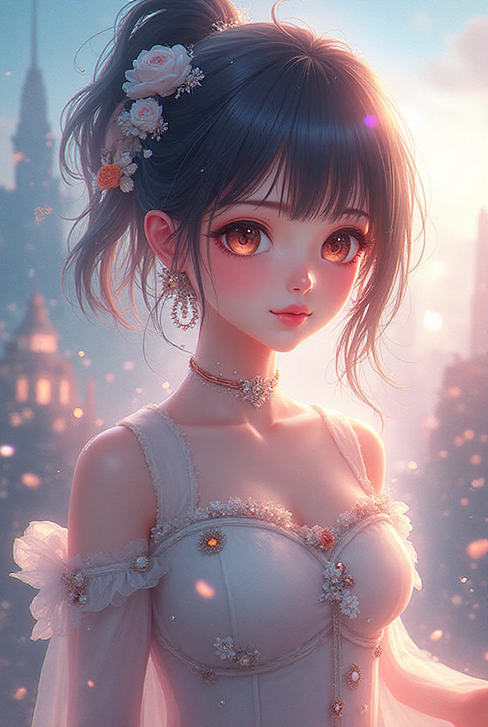 A girl with small breast. She wears a white shirt with a fuchsia ribbon