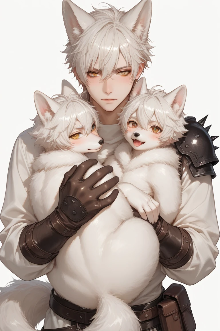 kemoshota,  , 2 boys, full body , chest , snow, dynamic angle, albino white tiger boy and albino cream white lion boy, albino tiger body features, albino lion body features, heavy breath, naivety, innocent, collar, sweat, sweat drops, short statue, short height cub boys, baby boys,  8 years old body features, asking out, huddle,  , mascot boys,  training, boys love, 8 years old body features