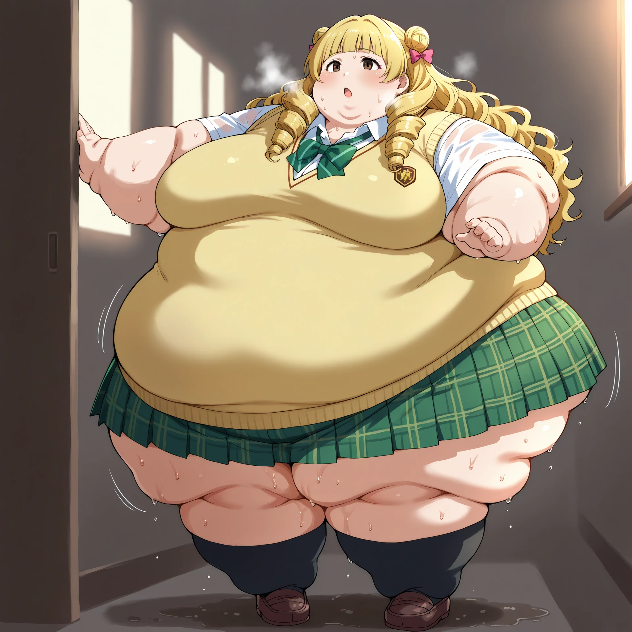 long hair,blonde hair,curly hair,double bun,twin drills,hair bow,hair ribbon,bangs,brown eyes school uniform,sweater vest,yellow vest,white shirt,collared shirt,green bowtie,short sleeves,medium breasts,miniskirt,green skirt,plaid skirt,pleated skirt,black socks,loafers, , soft lighting, mature female, sweating, wet body, blunt bang, fat, chubby, obese,, large breasts open mouth, out of breath, full body shot 