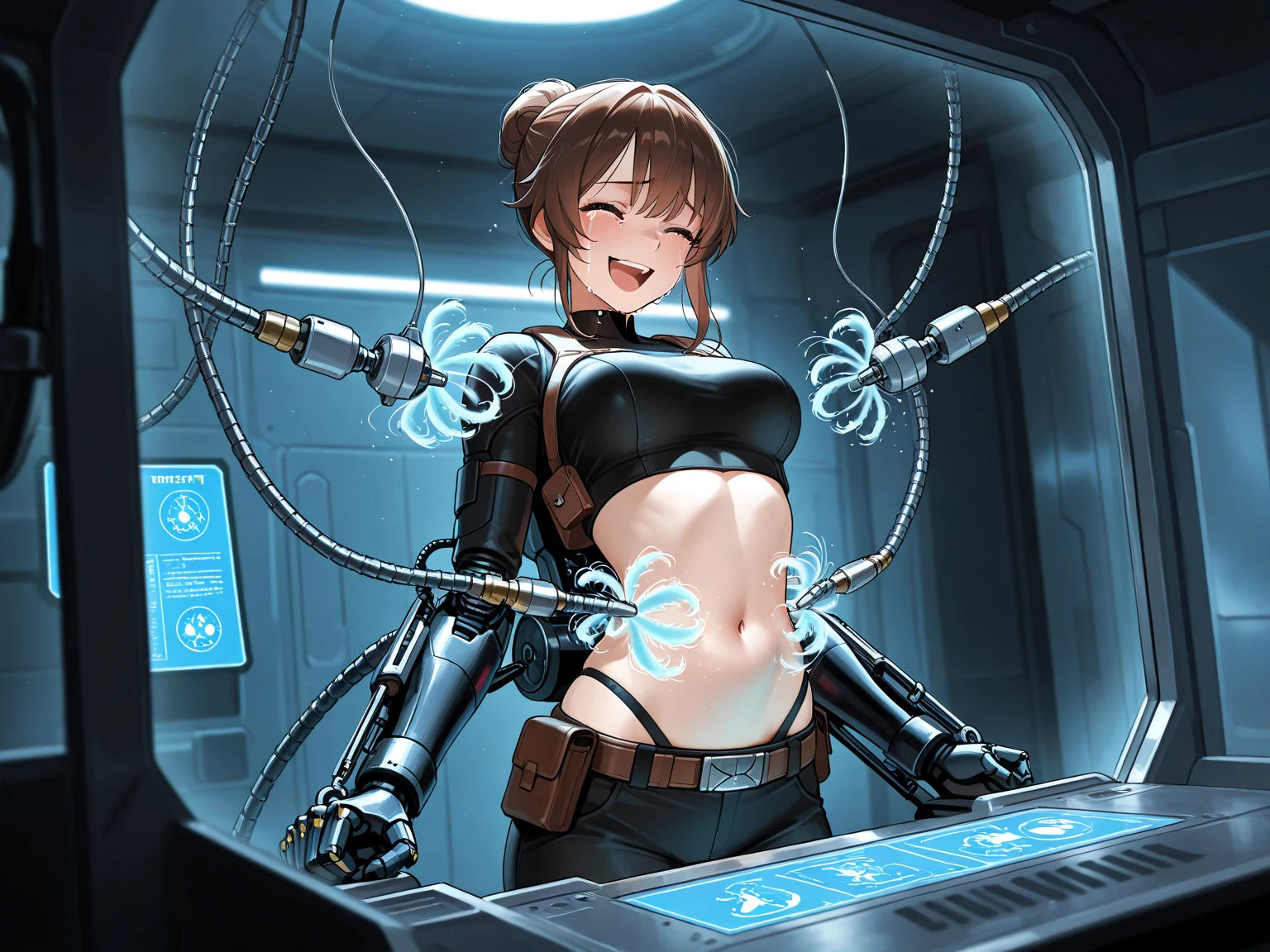 {{high quality}}, {{best quality}}, {game cg}, , 1girl, medium ,, {{{robot hands are rubbing the girl's both }}}, {{{robot hands are grabbing the girl's both wrist}}}, arms up,{{{heavy }}}, sitting on robot, in lab, best quality, amazing quality, very aesthetic, absurdres