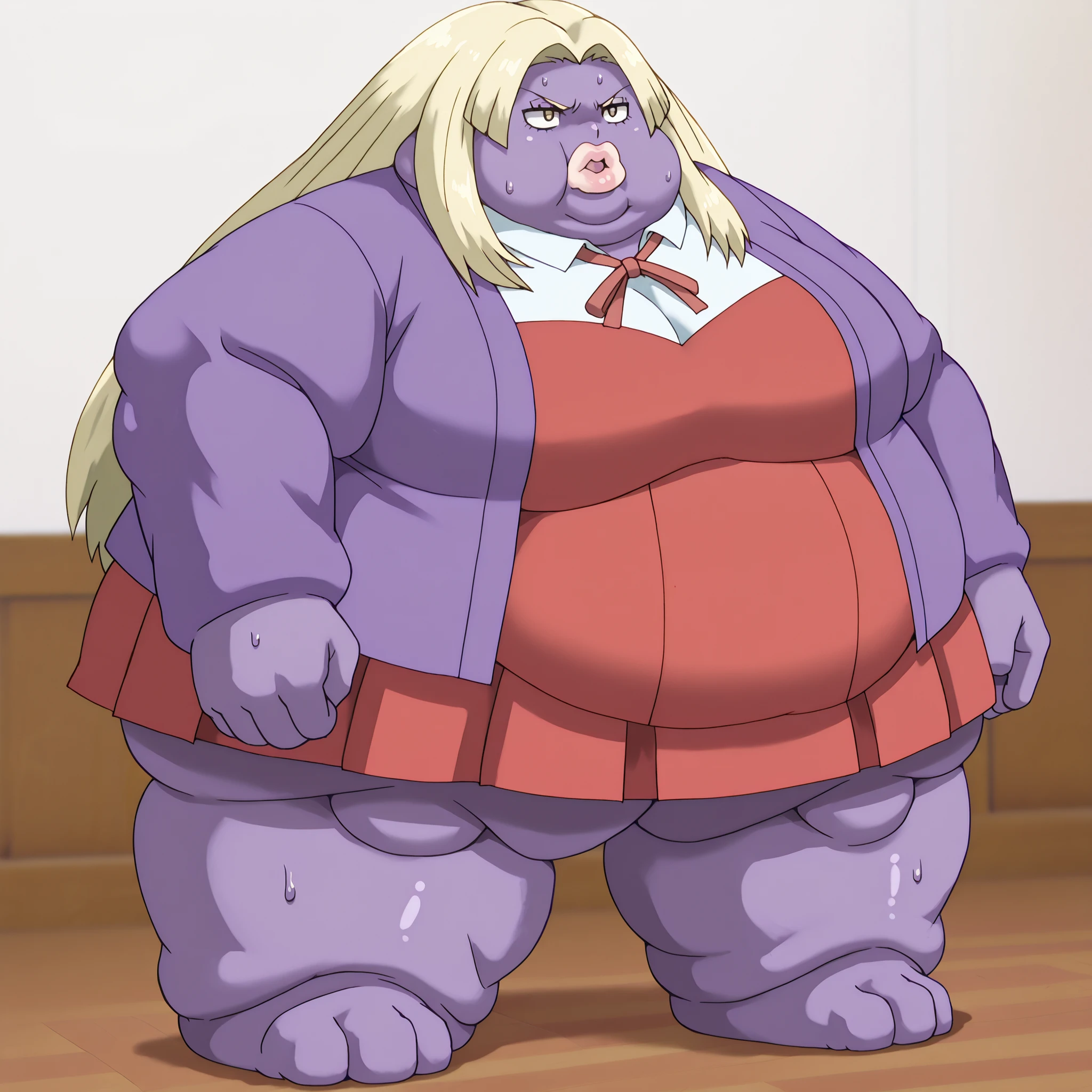 colored skin, lips, thick lips, pokemon (creature), no humans, long hair, blonde hair, black eyes, dress, red dress, purple skin, 1girl, white shirt, school uniform, brown eyes, skirt, breasts, blonde hair, purple jacket, blank_stare, empty_stare, fat, chubby, obese, gigantic arms and legs, large breasts, sweating, wet body, swollen face, Fat_neck , Fat head , eyes with crushed cheeks , nose with crushed cheeks , mouth with crushed cheeks , chin roll,
only head, large head, oversized limbs, large hands, large feet, oversized feet, oversized fingers, big lips, plump lips, fat face, fupa, big fupa, fat fupa,