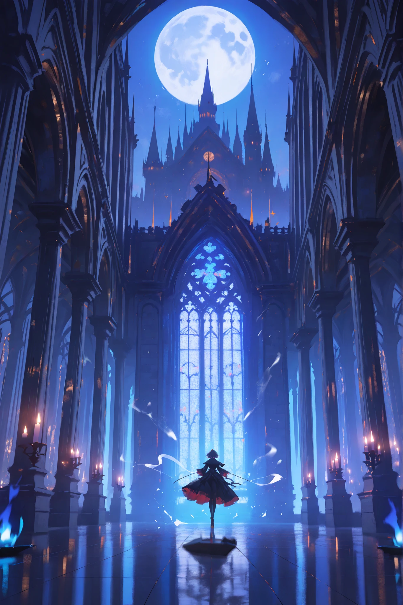 A vast phantom castle shrouded in mist under a full moon, ancient stone walls glowing faintly with ghostly blue light, endless corridors and decaying halls filled with flickering candlelight and drifting spirits, each room hinting at an unfinished story — portraits with moving eyes, broken clocks frozen in time, spectral figures dancing in silence, faint echoes of music in the air, mysterious atmosphere filled with moonlight beams and floating dust, gothic architecture with towering arches and stained glass reflecting faint color glows, cinematic lighting, dramatic composition, detailed textures, painterly fantasy style, masterpiece illustration, ultra-detailed, hauntingly beautiful mood, inspired by WLOP, Makoto Shinkai, and Studio Ghibli, 8K high-resolution, ethereal energy, subtle motion blur on drifting spirits, timeless and melancholic tone