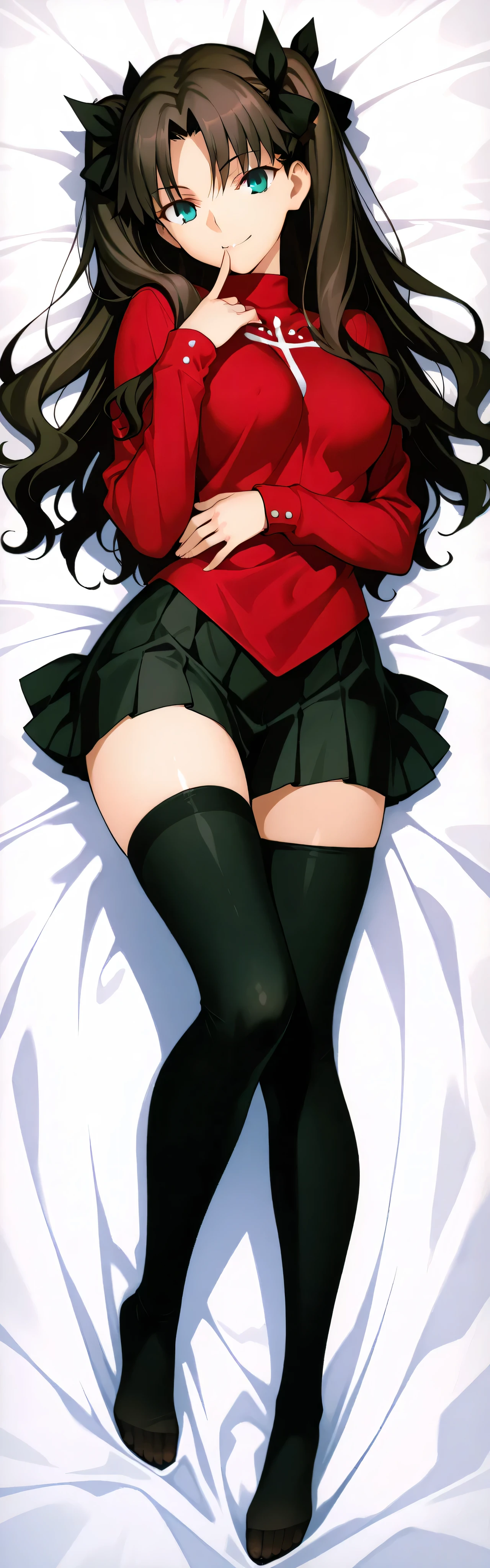 masterpiece, Highest Quality, very detailed, 4K, anime style, 1girl, button (destiny/Stay Night), auburn hair, twin tails, black ribbon, green eyes, tight red sweater, slight body line visible, hip tight black skirt, thigh-high black stockings undamaged, full body,  Lying on back, enchanting smiles, excited expression, red face, body curves are emphasized, (Excited pose:1.3), without background, transparent background, Vertical Composition, 5:16:9 aspect ratio, shiny skin texture, very detailedな顔, soft writing, and you can see your whole body,A sweater that shows through the faint outline of your nipples:0.8,If you wear a sweater on a white sheet、a hint of your belly button comes up, Soft bed background,
Seductive Smile




