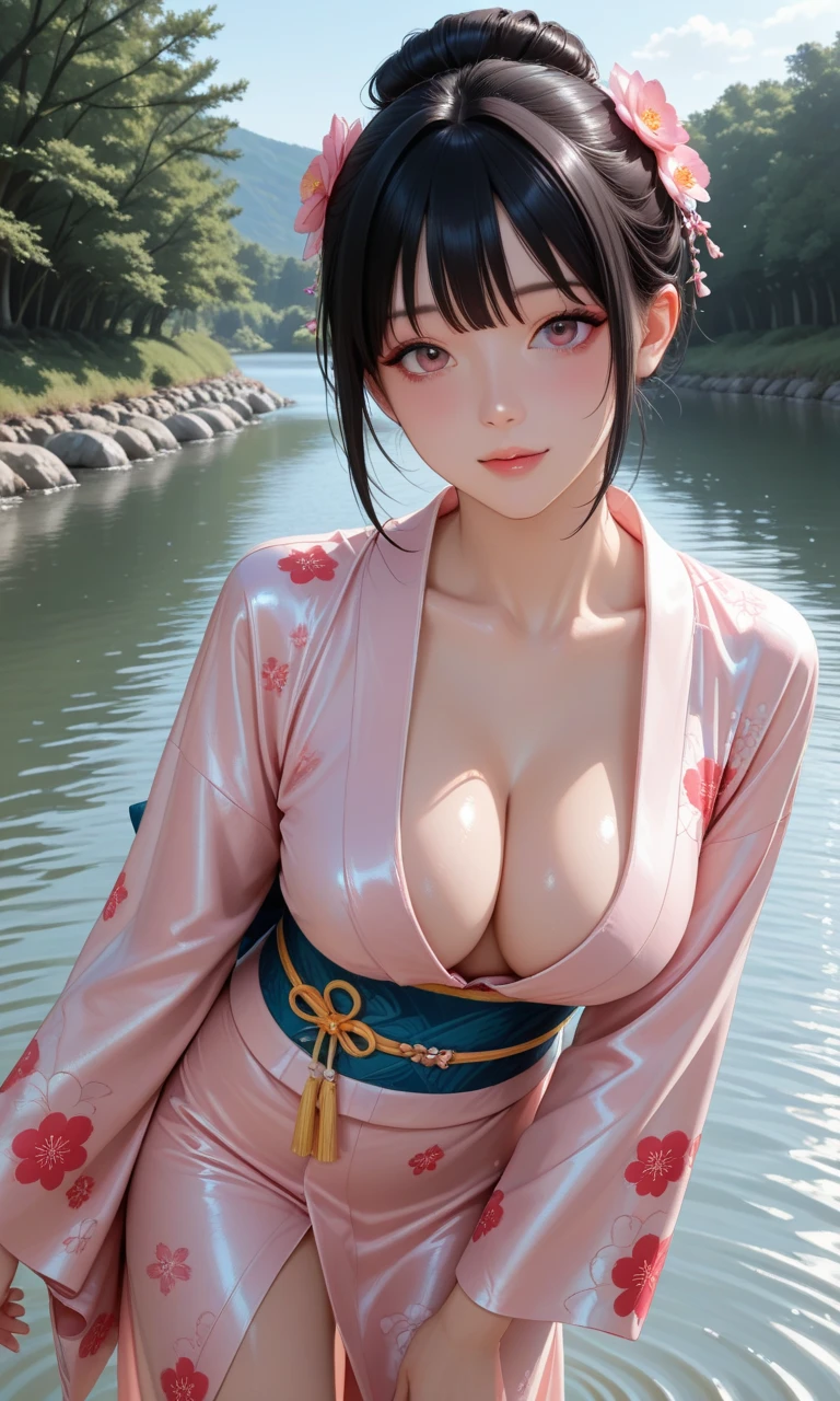 (((8k wallpaper of extremely detailed CG unit, ​masterpiece, 超A high resolution:1.2, top-quality:1.2, masutepiece))), ((extremely beautiful lady, plein air, natta:1.3, lantern, lying in the water, sad Facial expression, extra detailed face, Highly detailed black eyes, extra detailed body, Top quality real texture skins, A dark-haired, de pele branca, Small:1.3,  black and red kimono:1.2, off shoulders, Light pink eyeshadow)), ((Exposed cleavage, exposed shoulder, Exposed legs)), hyper realisitic, digitial painting,