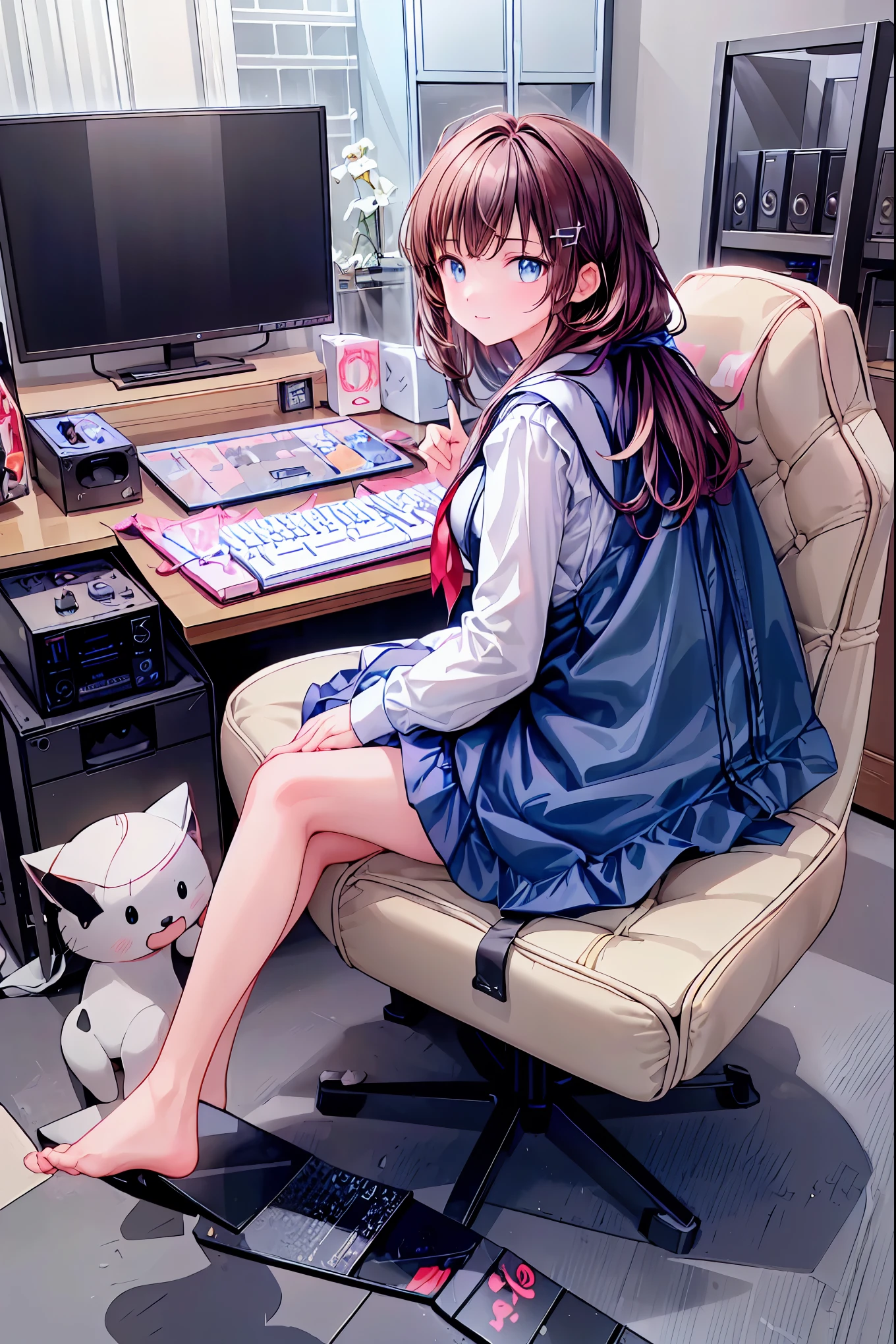 (((peace sign on the side of the face))),Candy in hand,MANIPULATE YOUR SCREEN LIKE A GAME,(((programming room interior))),EXTREME DETAIL DISPLAY,EXTREME DETAIL DRAWING,typing speedy two hands,IMMERSE YOUR SCREEN,Anime breaking through the digital space,Digital Illustration,Cyberpunk, future,cowboy shot, network ,(((PRIVATE PC ROOM))),(((giant pc monitor))),(((multiple monitors))),((operate the keyboard女の子)),ピース✌️サインをするhacker,hacker,Depict the keyboard accurately,hacked,(スイートhacker),(((is putting a keyboard on her lap))),hacker, Multi Display, Complex image displayed on a modern PC display that glows blue, complicated image displayed on a display, hitting the keyboard in the foreground,Dark Room, night,深night,((凄腕の女子高生hacker)),brown hair,shortcuts,unkempt hair,Short braided hair,Neat,slender beauty,correct posture,small breasted,beautiful legs,Enchanting Gray-Blue Eyes Shine Like Stars,Saggy Eyes,Brilliant Colors,beautiful eyes,A delicate smile,Textured Skin,Best quality at its best,gentle and beautiful woman,anime style、(Hobbies),Holding candy,candy with a different color on one eye,ゲームのように network を突破する,(((PRIVATE PC ROOM))),(((giant pc monitor))),(((multiple monitors))),((operate the keyboard)),DIVERSE IN THE DIGITAL SPACE, smile fearlessly, 最High Quality, FACE FOCUS, soft lights, ウルトラhigh resolution, (photorealistic:1.4), ORIGINAL PICTURES, 1 Japanese girl, solo, cute, (pupil, individual eye light), (Tiny Chest),(人間の肌の質感high resolutionの詳細), (long hair), blazer uniform, charcoal vest, skirt, (Upper Thigh), High Quality,4K,8K,high resolution,Masterpiece,Ultra Fine,real,フォトreal,HDR,UHD,Studio Lighting,EXTREME DETAIL DRAWING,Professional,Brilliant Colors彩,ボケ 幸せな表情の女性のhacker,Tight posture,Concentrated Expression