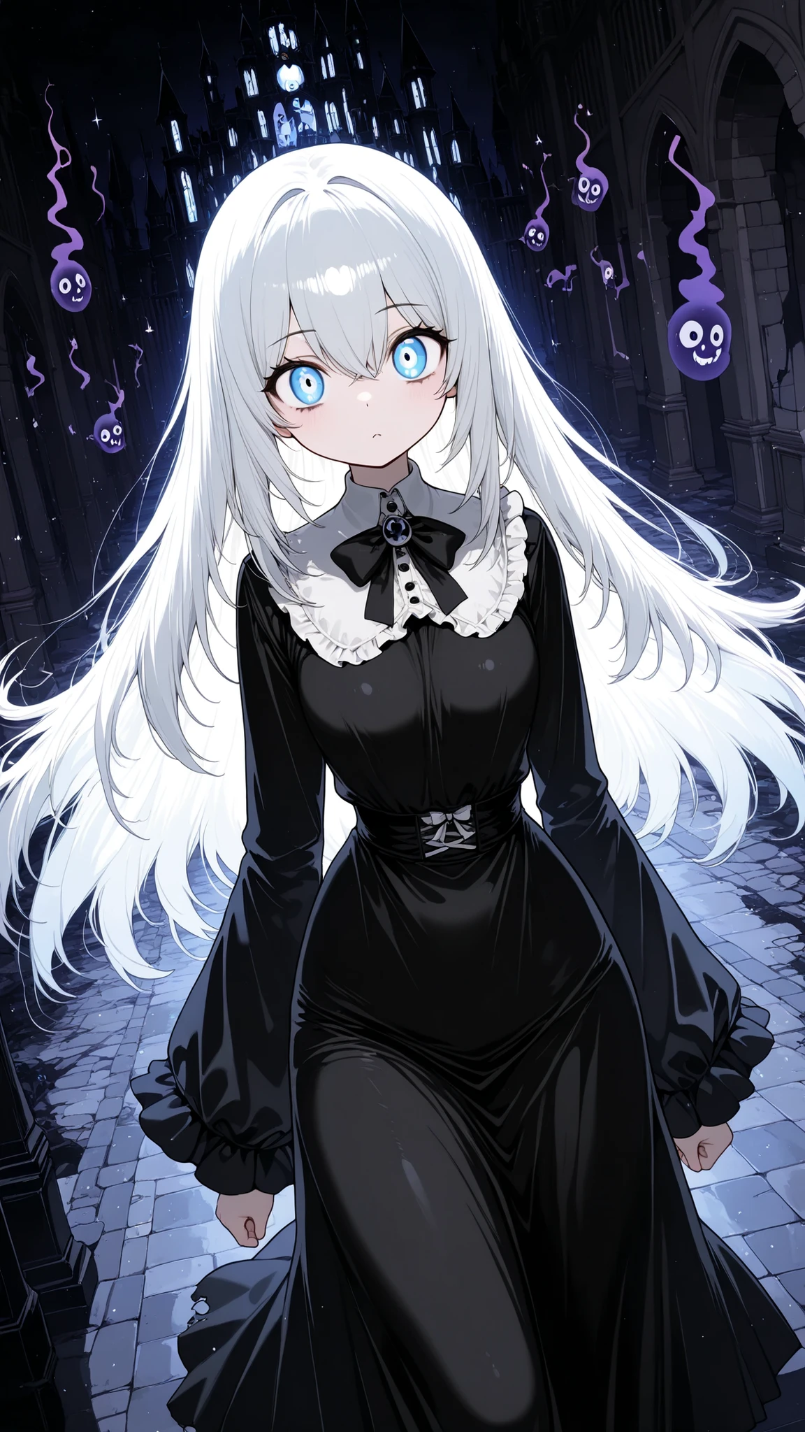 Deserted Castle,dark atmosphere,horror,ghost woman,1girl,sexy,,cute,Fleeting,,,dynamic,Dramatic,anime,safe content(masterpiece, 最High Quality, High Quality, detailed background, complicated details,complicated,super high resolution, very beautiful ,Newest:1.2)