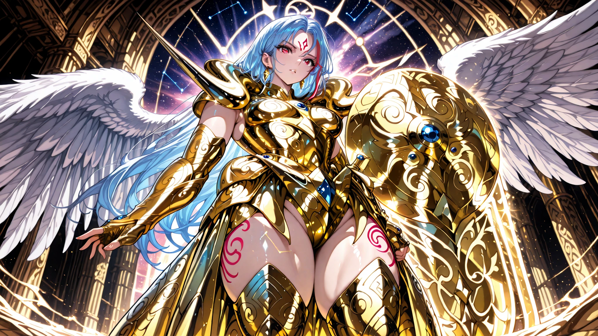 front angle, (masterpiece, 4k, ultra detailed, vivid and vibrant colors), {1woman}: (a beautiful and attractive woman, with thick thighs, long blue hair with red streaks, rectangular red eyes, earring in the ears with blue jewels, the character has a single huge white wing on her back, wearing a golden armor inspired by the anime Saint Seiya but in a very revealing and sexy way, standing determinedly wielding a huge golden shield while delivering a powerful attack where beams of light fall from the sky), in the background the constellation forming Aries, a beautiful atmosphere making reference to the zodiac sign of Aries, perfect lighting creating shadows