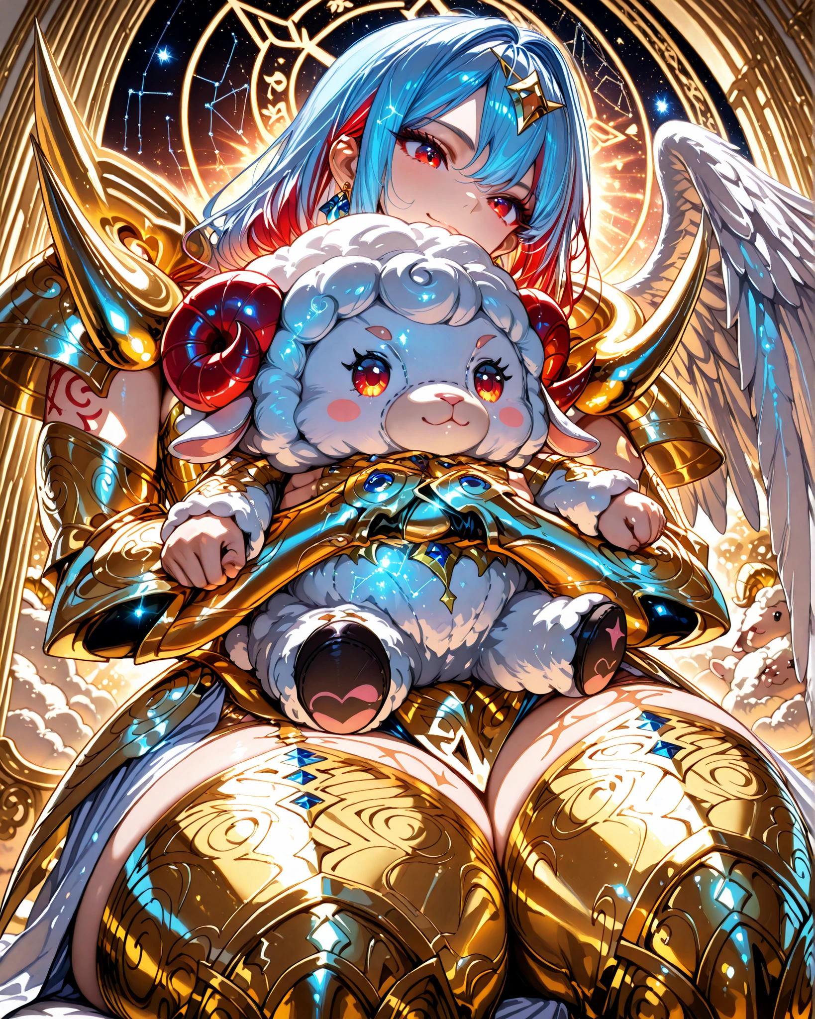 Front angle, close-up, (masterpiece, 4k, ultra detailed, vivid and vibrant colors), {1woman}: (a beautiful and attractive woman, with thick thighs, long blue hair with red highlights, rectangular red eyes, earring in the ears with blue jewels, the character has a single huge white wing on her back, wearing gold armor inspired by the anime Saint Seiya but in a very revealing and sexy way, sitting hugging a very cute plush sheep plush, her expression is cute), in the background the constellation forming Aries, a beautiful atmosphere making reference to the zodiac sign of Aries, perfect lighting creating shadows