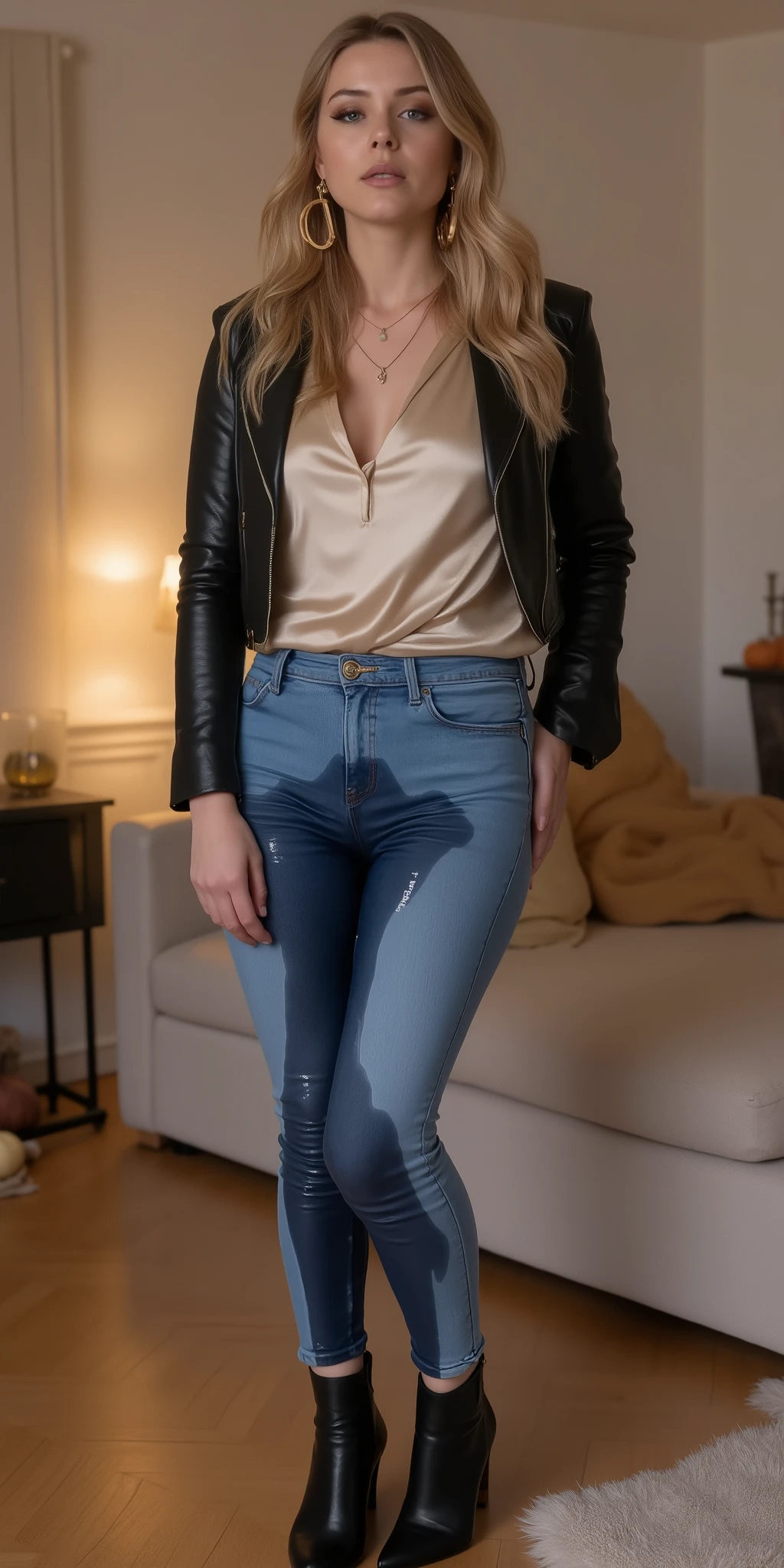 1girl, peed, wetting herself, 8k high resolution, best quality, 20-year-old Norwegian woman, long voluminous golden blonde hair with soft curls, smooth forehead, icy blue eyes, fair luminous skin with subtle glow, slim feminine body, C-cup bust, silky champagne-colored blouse with a slight shimmer, blue high-rise skinny jeans with wide spreading water stain, darkened wet area from waist down covering inner and outer thighs, wet fabric clinging to legs, visible moisture sheen and dripping at hem, black heeled ankle boots slightly damp, cropped black leather jacket, statement gold hoop earrings, layered gold necklaces, light smoky eye makeup, rosy lips, nude gloss manicure, glamorous Scandinavian fashion, warm cozy indoor apartment, wooden flooring, modern minimalist decor, soft ambient lighting, beige sofa, fall decorations (candles, pumpkins, blankets), October evening atmosphere, elegant posture with a hint of embarrassment, realistic soaked clothing effect.