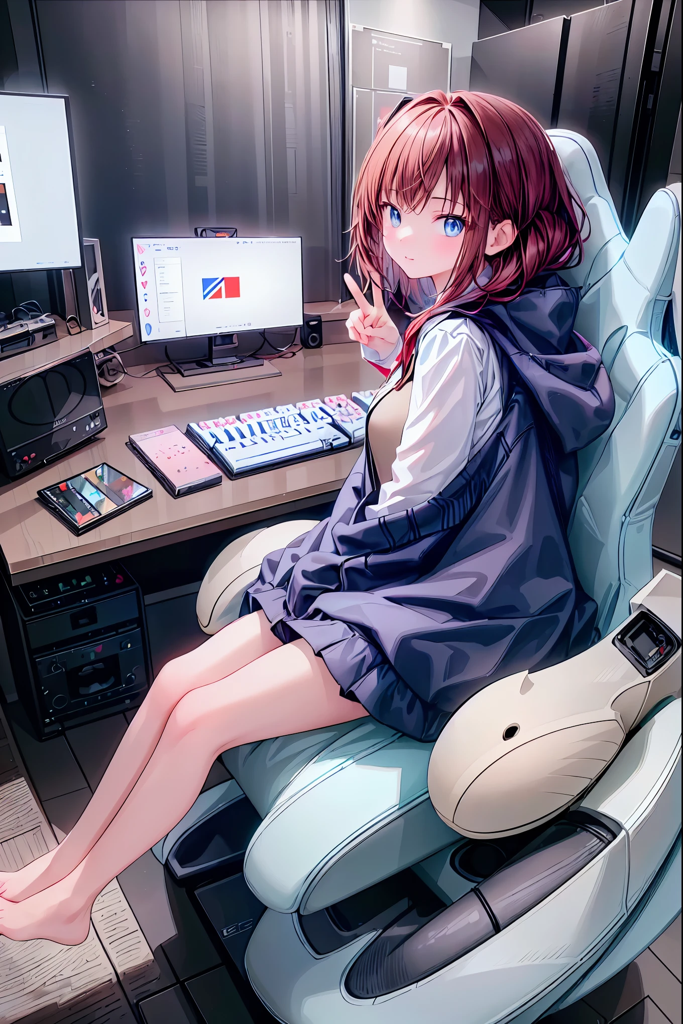 (((peace sign on the side of the face)))，(Speaking Heart), happy, open your mouth, Candy in hand,MANIPULATE YOUR SCREEN LIKE A GAME,(((programming room interior))),EXTREME DETAIL DISPLAY,EXTREME DETAIL DRAWING,typing speedy two hands,IMMERSE YOUR SCREEN,Anime breaking through the digital space,Digital Illustration,Cyberpunk, future,cowboy shot， network ，(((PRIVATE PC ROOM)))，(((giant pc monitor)))，(((multiple monitors)))，((operate the keyboard女の子))，ピース✌️サインをするhacker，hacker，Depict the keyboard accurately，hacked，(スイートhacker)，(((is putting a keyboard on her lap)))，hacker, Multi Display, Complex image displayed on a modern PC display that glows blue, complicated image displayed on a display, hitting the keyboard in the foreground,Dark Room, night，深night，((凄腕の女子高生hacker))，brown hair，shortcuts，unkempt hair，Short braided hair，Neat，slender beauty，correct posture，small breasted，beautiful legs，Enchanting Gray-Blue Eyes Shine Like Stars，Saggy Eyes，Brilliant Colors,beautiful eyes,A delicate smile,Textured Skin,Best quality at its best,gentle and beautiful woman,anime style､(Hobbies)，Holding candy，candy with a different color on one eye，ゲームのように network を突破する，(((PRIVATE PC ROOM)))，(((giant pc monitor)))，(((multiple monitors)))，((operate the keyboard))，DIVERSE IN THE DIGITAL SPACE， smile fearlessly， 最High Quality, FACE FOCUS, soft lights, ウルトラhigh resolution, (photorealistic:1.4), ORIGINAL PICTURES, 1 Japanese girl, solo, cute, (pupil, individual eye light), (Tiny Chest),(人間の肌の質感high resolutionの詳細), (long hair), blazer uniform, charcoal vest, skirt, (Upper Thigh)， High Quality,4K,8K,high resolution,Masterpiece,Ultra Fine,real,フォトreal,HDR,UHD,Studio Lighting,EXTREME DETAIL DRAWING,Professional,Brilliant Colors彩,ボケ 幸せな表情の女性のhacker,Tight posture,Concentrated Expression