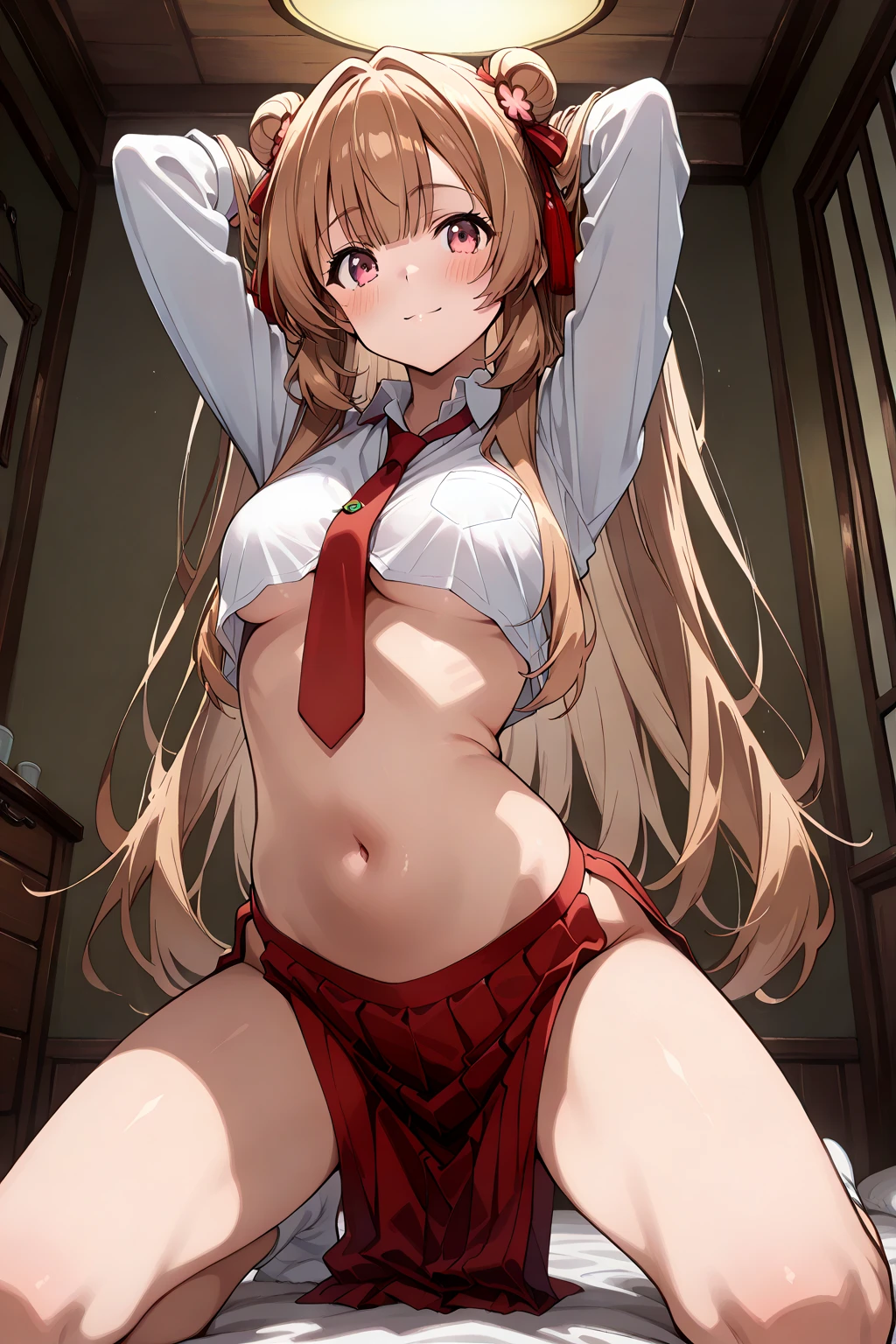 masterpiece, best quality, highres, anime art style, game cg, takarada rikka, rikka1, 1 girl, solo, long hair, bangs, blonde hair, red eyes, bow, ribbon, hair between eyes, jewelry, hair bow, hairband, leotard,wooden horse,  rub