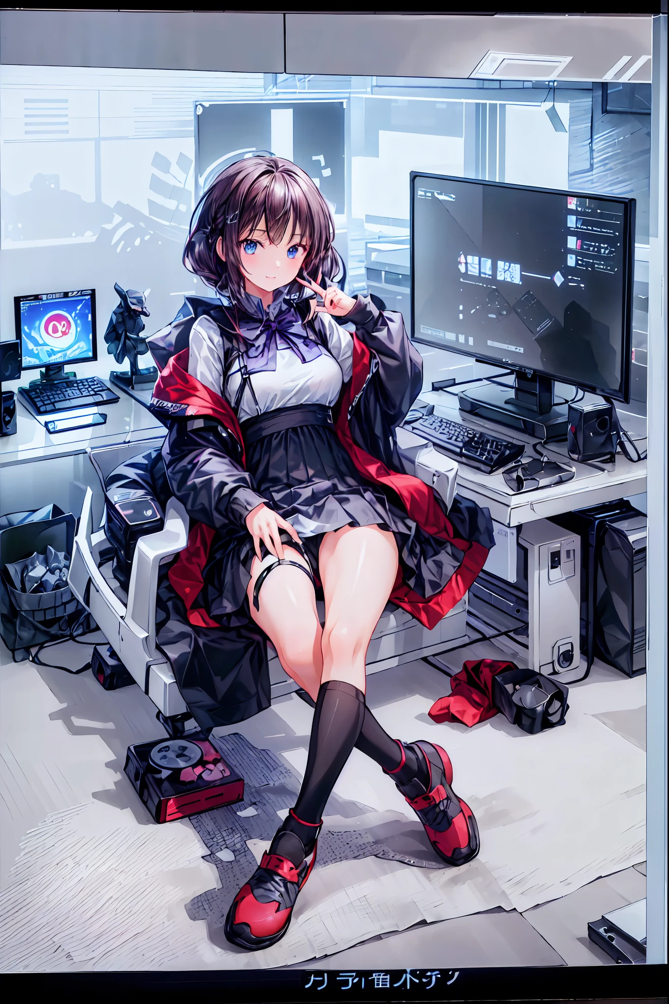 (((peace sign on the side of the face))),Candy in hand,MANIPULATE YOUR SCREEN LIKE A GAME,(((programming room interior))),EXTREME DETAIL DISPLAY,EXTREME DETAIL DRAWING,typing speedy two hands,IMMERSE YOUR SCREEN,Anime breaking through the digital space,Digital Illustration,Cyberpunk, future,cowboy shot, network ,(((PRIVATE PC ROOM))),(((giant pc monitor))),(((multiple monitors))),((operate the keyboard女の子)),ピース✌️サインをするhacker,hacker,Depict the keyboard accurately,hacked,(スイートhacker),(((is putting a keyboard on her lap))),hacker, Multi Display, Complex image displayed on a modern PC display that glows blue, complicated image displayed on a display, hitting the keyboard in the foreground,Dark Room, night,深night,((凄腕の女子高生hacker)),brown hair,shortcuts,unkempt hair,Short braided hair,Neat,slender beauty,correct posture,small breasted,beautiful legs,Enchanting Gray-Blue Eyes Shine Like Stars,Saggy Eyes,Brilliant Colors,beautiful eyes,A delicate smile,Textured Skin,Best quality at its best,gentle and beautiful woman,anime style、(Hobbies),Holding candy,candy with a different color on one eye,ゲームのように network を突破する,(((PRIVATE PC ROOM))),(((giant pc monitor))),(((multiple monitors))),((operate the keyboard)),DIVERSE IN THE DIGITAL SPACE, smile fearlessly, 最High Quality, FACE FOCUS, soft lights, ウルトラhigh resolution, (photorealistic:1.4), ORIGINAL PICTURES, 1 Japanese girl, solo, cute, (pupil, individual eye light), (Tiny ),(人間の肌の質感high resolutionの詳細), (long hair), blazer uniform, charcoal vest, skirt, (Upper Thigh), High Quality,4K,8K,high resolution,Masterpiece,Ultra Fine,real,フォトreal,HDR,UHD,Studio Lighting,EXTREME DETAIL DRAWING,Professional,Brilliant Colors彩,ボケ 幸せな表情の女性のhacker,Tight posture,Concentrated Expression