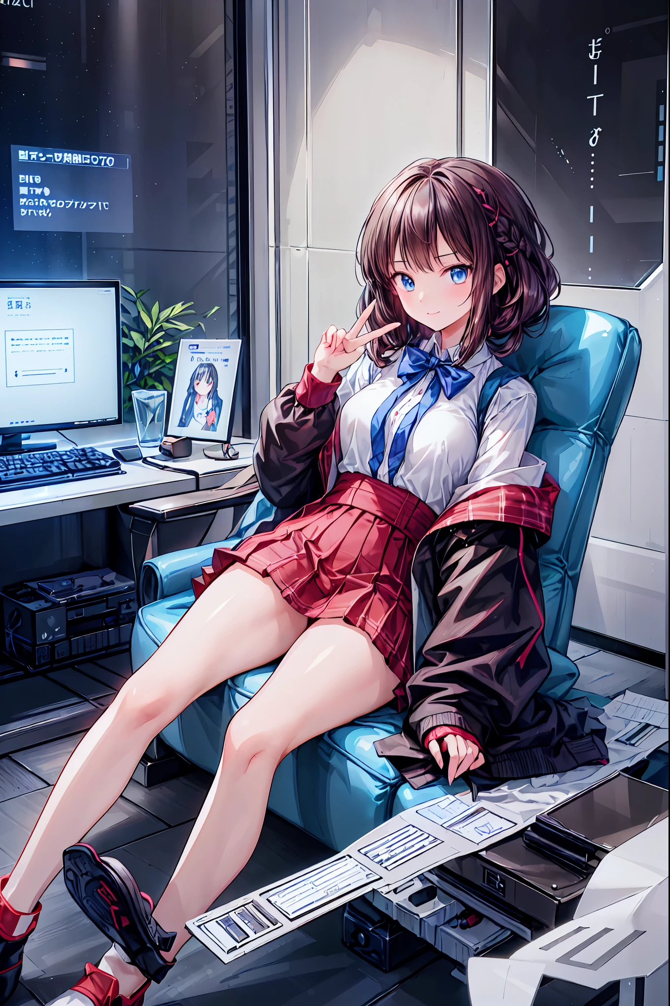 (((peace sign on the side of the face))),Candy in hand,MANIPULATE YOUR SCREEN LIKE A GAME,(((programming room interior))),EXTREME DETAIL DISPLAY,EXTREME DETAIL DRAWING,typing speedy two hands,IMMERSE YOUR SCREEN,Anime breaking through the digital space,Digital Illustration,Cyberpunk, future,cowboy shot, network ,(((PRIVATE PC ROOM))),(((giant pc monitor))),(((multiple monitors))),((operate the keyboard女の子)),ピース✌️サインをするhacker,hacker,Depict the keyboard accurately,hacked,(スイートhacker),(((is putting a keyboard on her lap))),hacker, Multi Display, Complex image displayed on a modern PC display that glows blue, complicated image displayed on a display, hitting the keyboard in the foreground,Dark Room, night,深night,((凄腕の女子高生hacker)),brown hair,shortcuts,unkempt hair,Short braided hair,Neat,slender beauty,correct posture,small breasted,beautiful legs,Enchanting Gray-Blue Eyes Shine Like Stars,Saggy Eyes,Brilliant Colors,beautiful eyes,A delicate smile,Textured Skin,Best quality at its best,gentle and beautiful woman,anime style、(Hobbies),Holding candy,candy with a different color on one eye,ゲームのように network を突破する,(((PRIVATE PC ROOM))),(((giant pc monitor))),(((multiple monitors))),((operate the keyboard)),DIVERSE IN THE DIGITAL SPACE, smile fearlessly, 最High Quality, FACE FOCUS, soft lights, ウルトラhigh resolution, (photorealistic:1.4), ORIGINAL PICTURES, 1 Japanese girl, solo, cute, (pupil, individual eye light), (Tiny ),(人間の肌の質感high resolutionの詳細), (long hair), blazer uniform, charcoal vest, skirt, (Upper Thigh), High Quality,4K,8K,high resolution,Masterpiece,Ultra Fine,real,フォトreal,HDR,UHD,Studio Lighting,EXTREME DETAIL DRAWING,Professional,Brilliant Colors彩,ボケ 幸せな表情の女性のhacker,Tight posture,Concentrated Expression