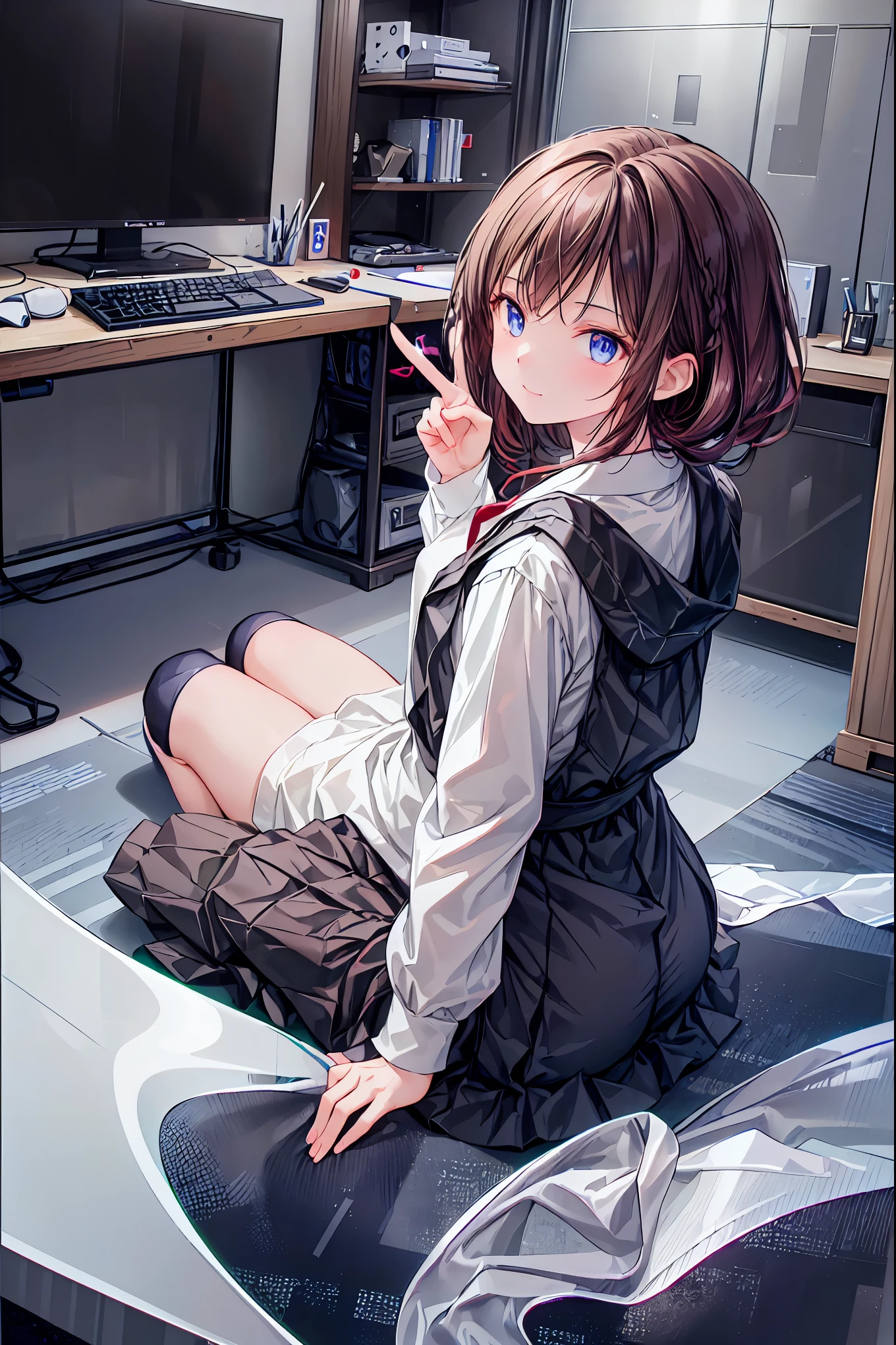 (((peace sign on the side of the face))),Candy in hand,MANIPULATE YOUR SCREEN LIKE A GAME,(((programming room interior))),EXTREME DETAIL DISPLAY,EXTREME DETAIL DRAWING,typing speedy two hands,IMMERSE YOUR SCREEN,Anime breaking through the digital space,Digital Illustration,Cyberpunk, future,cowboy shot, network ,(((PRIVATE PC ROOM))),(((giant pc monitor))),(((multiple monitors))),((operate the keyboard女の子)),ピース✌️サインをするhacker,hacker,Depict the keyboard accurately,hacked,(スイートhacker),(((is putting a keyboard on her lap))),hacker, Multi Display, Complex image displayed on a modern PC display that glows blue, complicated image displayed on a display, hitting the keyboard in the foreground,Dark Room, night,深night,((凄腕の女子高生hacker)),brown hair,shortcuts,unkempt hair,Short braided hair,Neat,slender beauty,correct posture,small breasted,beautiful legs,Enchanting Gray-Blue Eyes Shine Like Stars,Saggy Eyes,Brilliant Colors,beautiful eyes,A delicate smile,Textured Skin,Best quality at its best,gentle and beautiful woman,anime style、(Hobbies),Holding candy,candy with a different color on one eye,ゲームのように network を突破する,(((PRIVATE PC ROOM))),(((giant pc monitor))),(((multiple monitors))),((operate the keyboard)),DIVERSE IN THE DIGITAL SPACE, smile fearlessly, 最High Quality, FACE FOCUS, soft lights, ウルトラhigh resolution, (photorealistic:1.4), ORIGINAL PICTURES, 1 Japanese girl, solo, cute, (pupil, individual eye light), (Tiny ),(人間の肌の質感high resolutionの詳細), (long hair), blazer uniform, charcoal vest, skirt, (Upper Thigh), High Quality,4K,8K,high resolution,Masterpiece,Ultra Fine,real,フォトreal,HDR,UHD,Studio Lighting,EXTREME DETAIL DRAWING,Professional,Brilliant Colors彩,ボケ 幸せな表情の女性のhacker,Tight posture,Concentrated Expression