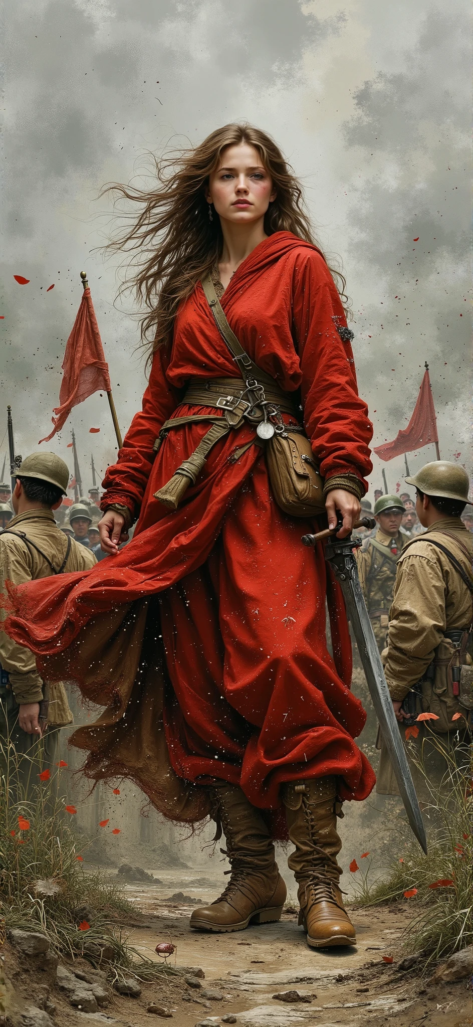 created a painting with oil painting with huge details , In the style of the artist Leonardo Davinci , The art of the era of European Renaissance ,  A fully detailed painting of a warrior girl   (  20 years old )   holding a sword in her right hand and the military flag on the left. She stands on a hill full of military bodies and raises the sword up. Her long brown hair is spread over her shoulders and the background is blurry. The picture seems cinematic, the angle of view is not taken in front of the girl  ( . The picture of the girl is full inside the frame and the view from the front is ) 
