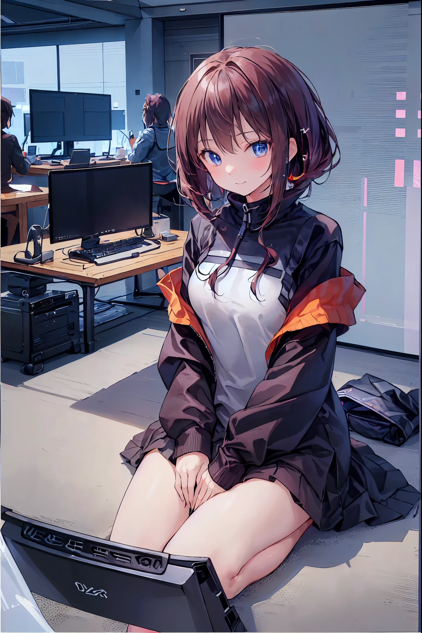 (((peace sign on the side of the face))),Candy in hand,MANIPULATE YOUR SCREEN LIKE A GAME,(((programming room interior))),EXTREME DETAIL DISPLAY,EXTREME DETAIL DRAWING,typing speedy two hands,IMMERSE YOUR SCREEN,Anime breaking through the digital space,Digital Illustration,Cyberpunk, future,cowboy shot, network ,(((PRIVATE PC ROOM))),(((giant pc monitor))),(((multiple monitors))),((operate the keyboard女の子)),ピース✌️サインをするhacker,hacker,Depict the keyboard accurately,hacked,(スイートhacker),(((is putting a keyboard on her lap))),hacker, Multi Display, Complex image displayed on a modern PC display that glows blue, complicated image displayed on a display, hitting the keyboard in the foreground,Dark Room, night,深night,((凄腕の女子高生hacker)),brown hair,shortcuts,unkempt hair,Short braided hair,Neat,slender beauty,correct posture,small breasted,beautiful legs,Enchanting Gray-Blue Eyes Shine Like Stars,Saggy Eyes,Brilliant Colors,beautiful eyes,A delicate smile,Textured Skin,Best quality at its best,gentle and beautiful woman,anime style、(Hobbies),Holding candy,candy with a different color on one eye,ゲームのように network を突破する,(((PRIVATE PC ROOM))),(((giant pc monitor))),(((multiple monitors))),((operate the keyboard)),DIVERSE IN THE DIGITAL SPACE, smile fearlessly, 最High Quality, FACE FOCUS, soft lights, ウルトラhigh resolution, (photorealistic:1.4), ORIGINAL PICTURES, 1 Japanese girl, solo, cute, (pupil, individual eye light), (Tiny ),(人間の肌の質感high resolutionの詳細), (long hair), blazer uniform, charcoal vest, skirt, (Upper Thigh), High Quality,4K,8K,high resolution,Masterpiece,Ultra Fine,real,フォトreal,HDR,UHD,Studio Lighting,EXTREME DETAIL DRAWING,Professional,Brilliant Colors彩,ボケ 幸せな表情の女性のhacker,Tight posture,Concentrated Expression