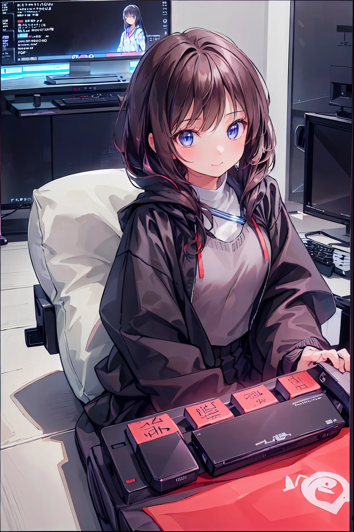 (((peace sign on the side of the face))),Candy in hand,MANIPULATE YOUR SCREEN LIKE A GAME,(((programming room interior))),EXTREME DETAIL DISPLAY,EXTREME DETAIL DRAWING,typing speedy two hands,IMMERSE YOUR SCREEN,Anime breaking through the digital space,Digital Illustration,Cyberpunk, future,cowboy shot, network ,(((PRIVATE PC ROOM))),(((giant pc monitor))),(((multiple monitors))),((operate the keyboard女の子)),ピース✌️サインをするhacker,hacker,Depict the keyboard accurately,hacked,(スイートhacker),(((is putting a keyboard on her lap))),hacker, Multi Display, Complex image displayed on a modern PC display that glows blue, complicated image displayed on a display, hitting the keyboard in the foreground,Dark Room, night,深night,((凄腕の女子高生hacker)),brown hair,shortcuts,unkempt hair,Short braided hair,Neat,slender beauty,correct posture,small breasted,beautiful legs,Enchanting Gray-Blue Eyes Shine Like Stars,Saggy Eyes,Brilliant Colors,beautiful eyes,A delicate smile,Textured Skin,Best quality at its best,gentle and beautiful woman,anime style、(Hobbies),Holding candy,candy with a different color on one eye,ゲームのように network を突破する,(((PRIVATE PC ROOM))),(((giant pc monitor))),(((multiple monitors))),((operate the keyboard)),DIVERSE IN THE DIGITAL SPACE, smile fearlessly, 最High Quality, FACE FOCUS, soft lights, ウルトラhigh resolution, (photorealistic:1.4), ORIGINAL PICTURES, 1 Japanese girl, solo, cute, (pupil, individual eye light), (Tiny ),(人間の肌の質感high resolutionの詳細), (long hair), blazer uniform, charcoal vest, skirt, (Upper Thigh), High Quality,4K,8K,high resolution,Masterpiece,Ultra Fine,real,フォトreal,HDR,UHD,Studio Lighting,EXTREME DETAIL DRAWING,Professional,Brilliant Colors彩,ボケ 幸せな表情の女性のhacker,Tight posture,Concentrated Expression