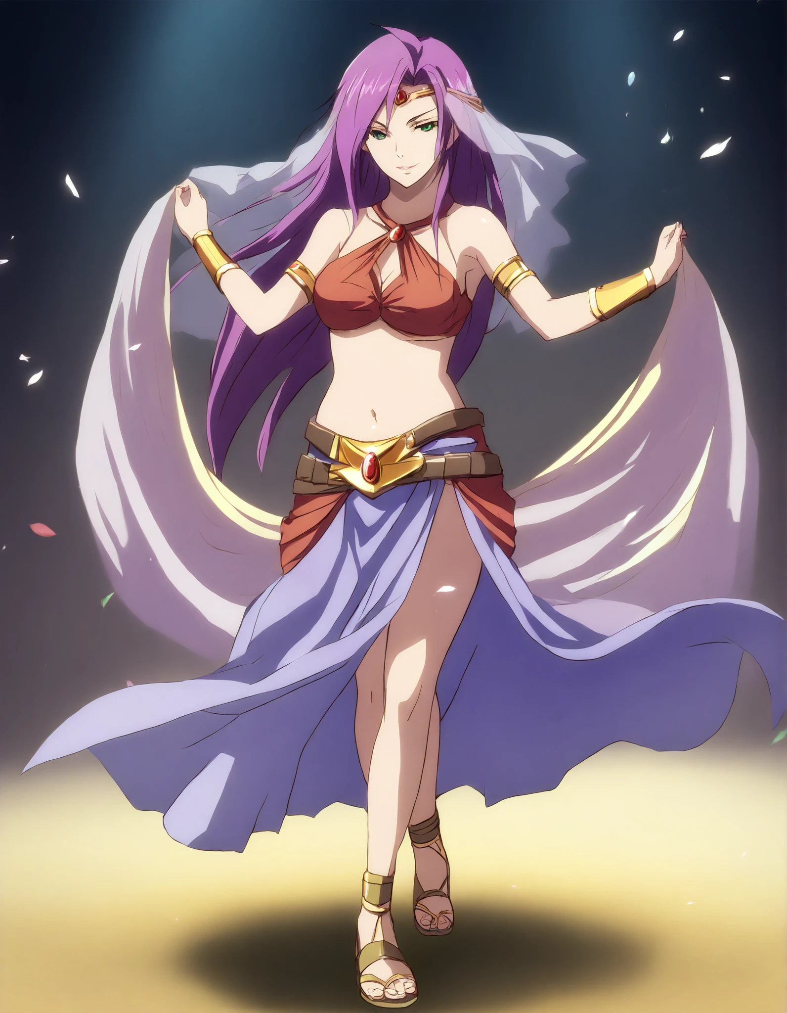 (1girl:1 . 5) , (Seul:1 . 5) , score_9 , score_8_haut , score_7_haut , source_anime , Official work , ultra-detailed , masterpiece , better quality , high resolution , beaux yeux , detailed eyes , Detailed face , beautiful detailed eyes,purple hair, long hair, green eyes,Final Fantasy,Faris Scherwiz, dancer_fft, halter top, long skirt, belt,bracers, sandals, shawl,golden jewelery,armlet, belly dancing,arabian theater,seductive smile, dancing with veil, dynamic movement,dance posture, seductive pose