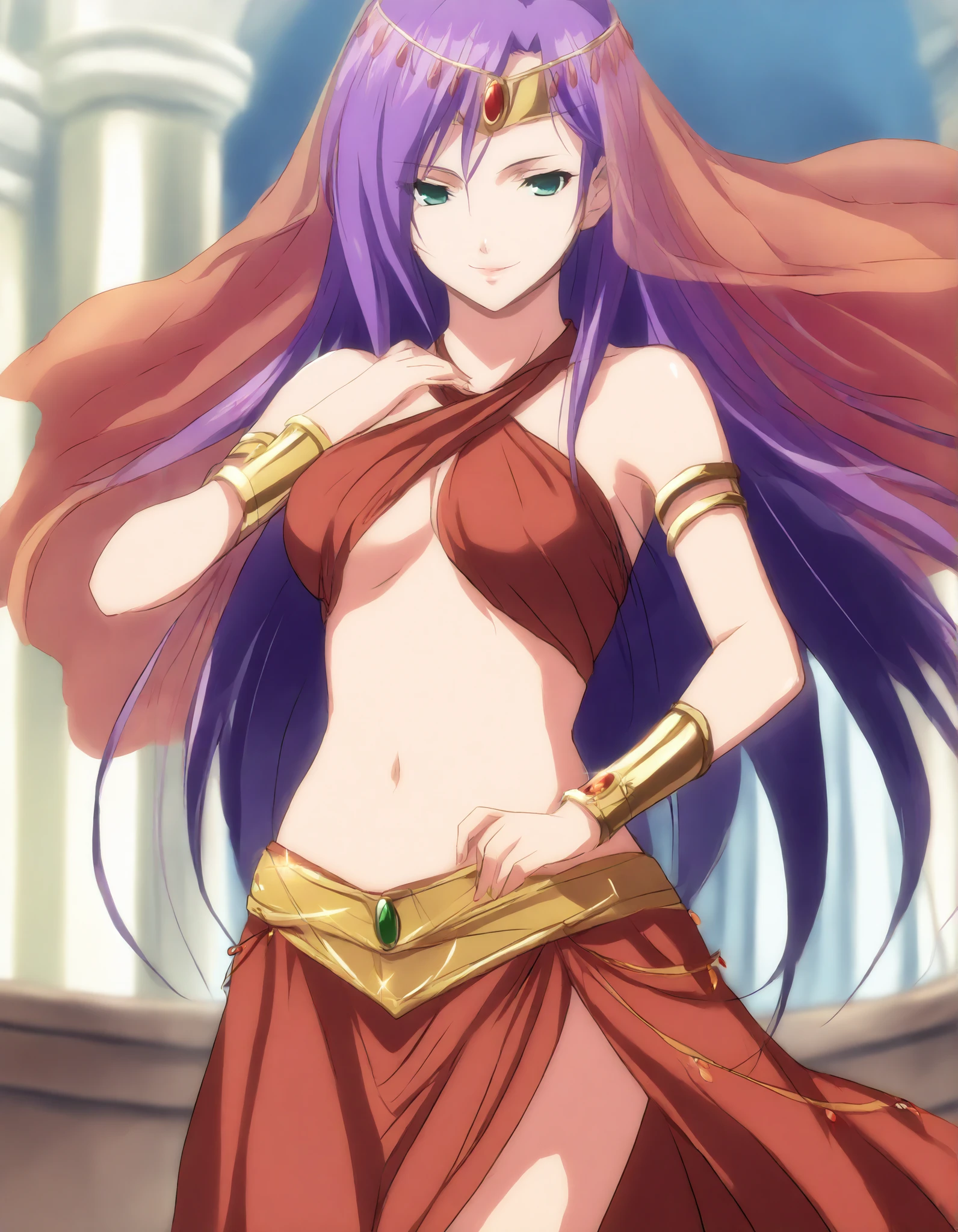 (1girl:1 . 5) , (Seul:1 . 5) , score_9 , score_8_haut , score_7_haut , source_anime , Official work , ultra-detailed , masterpiece , better quality , high resolution , beaux yeux , detailed eyes , Detailed face , beautiful detailed eyes,purple hair, long hair, green eyes,Final Fantasy,Faris Scherwiz, dancer_fft, halter top, long skirt, belt,bracers, sandals, shawl,golden jewelery,armlet, belly dancing,arabian theater,seductive smile, dancing with veil, dynamic movement,dance posture, seductive pose