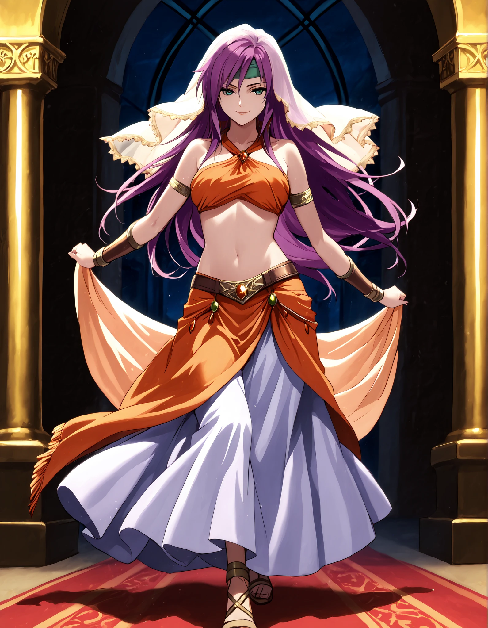 (1girl:1 . 5) , (Seul:1 . 5) , score_9 , score_8_haut , score_7_haut , source_anime , Official work , ultra-detailed , masterpiece , better quality , high resolution , beaux yeux , detailed eyes , Detailed face , beautiful detailed eyes,purple hair, long hair, green eyes,Final Fantasy,Faris Scherwiz, dancer_fft, halter top, long skirt, belt,bracers, sandals, shawl,golden jewelery,armlet, belly dancing,night,arabian garden,seductive smile, dancing with veil, dynamic movement,dance posture, seductive pose