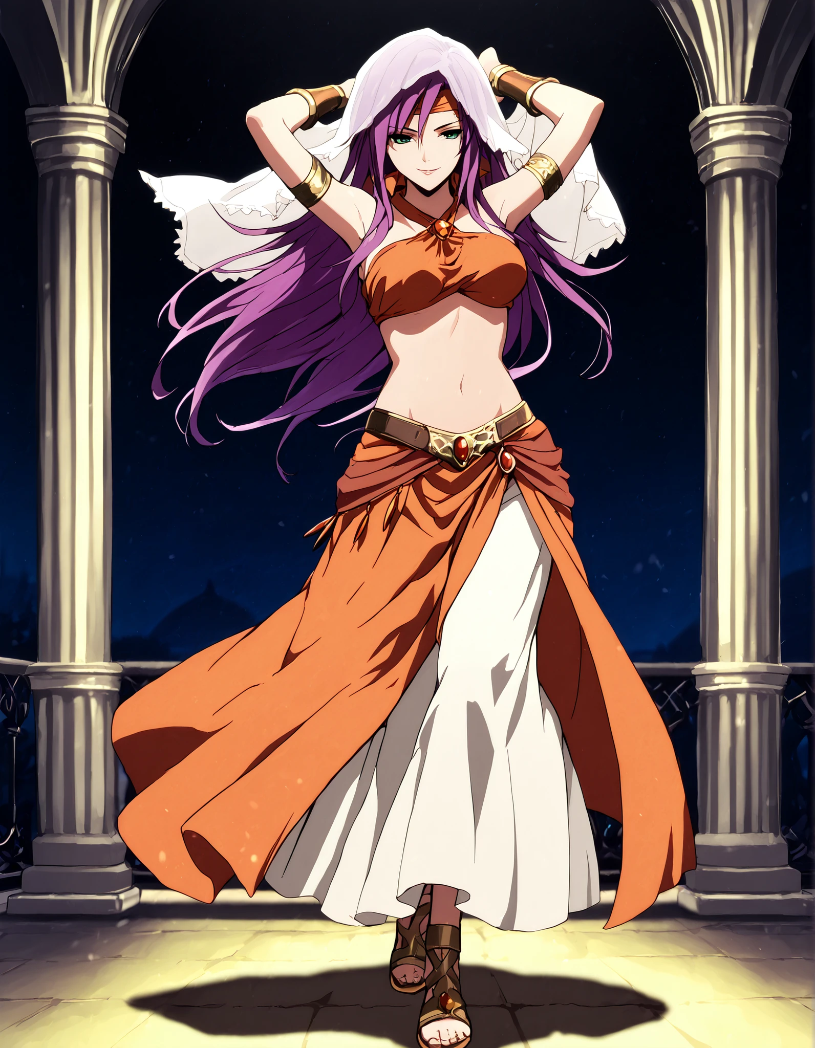 (1girl:1 . 5) , (Seul:1 . 5) , score_9 , score_8_haut , score_7_haut , source_anime , Official work  , ultra-detailed , masterpiece , better quality , high resolution , beaux yeux , detailed eyes , Detailed face , beautiful detailed eyes,purple hair, long hair, green eyes,Final Fantasy,Faris Scherwiz, dancer_fft, halter top, long skirt, belt,bracers, sandals, shawl,golden jewelery,armlet, belly dancing,night,arabian garden,seductive smile, dancing with veil, dynamic movement,dance posture, seductive pose