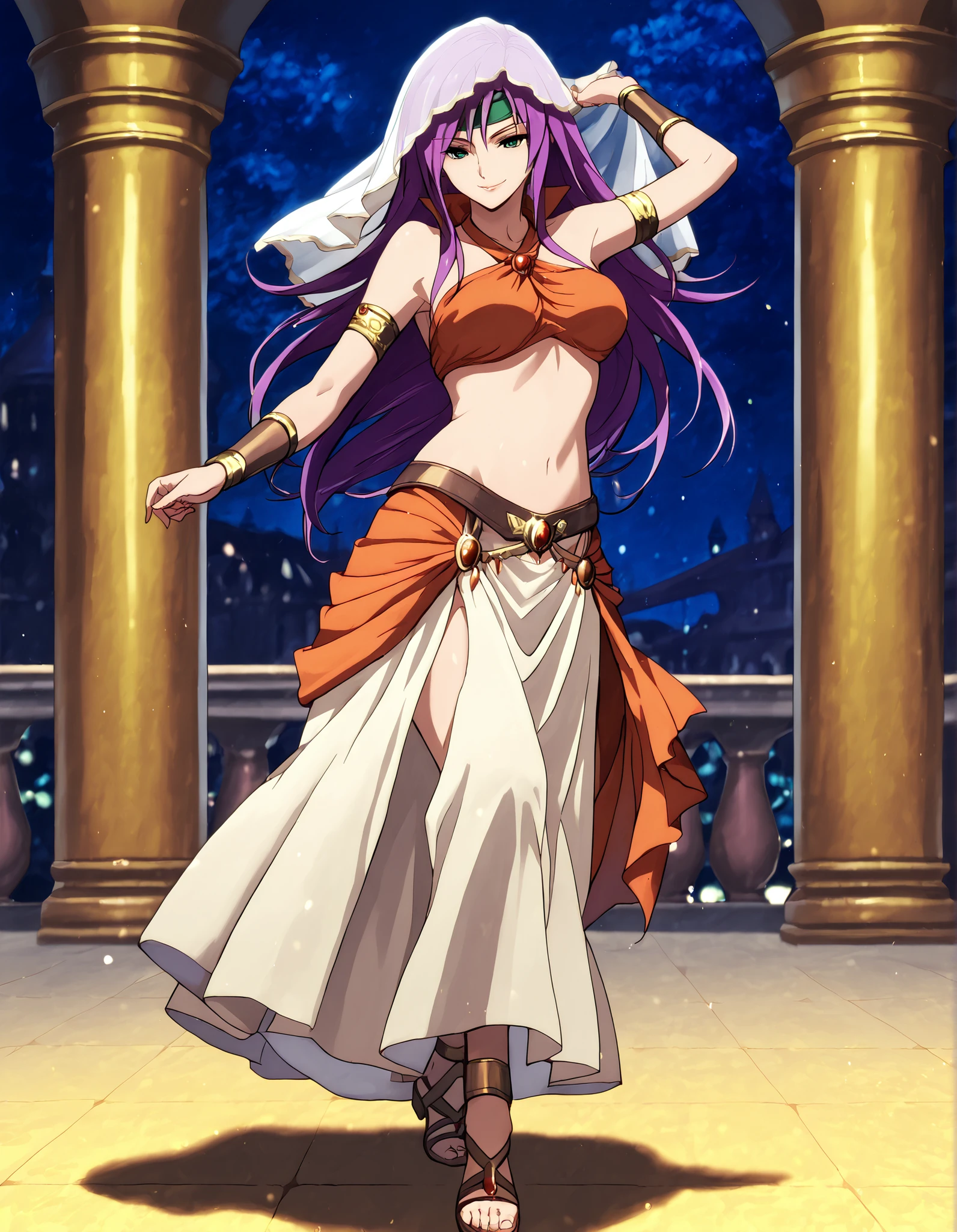 (1girl:1 . 5) , (Seul:1 . 5) , score_9 , score_8_haut , score_7_haut , source_anime , Official work , ultra-detailed , masterpiece , better quality , high resolution , beaux yeux , detailed eyes , Detailed face , beautiful detailed eyes,purple hair, long hair, green eyes,Final Fantasy,Faris Scherwiz, dancer_fft, halter top, long skirt, belt,bracers, sandals, shawl,golden jewelery,armlet, belly dancing,night,arabian garden,seductive smile, dancing with veil, dynamic movement,dance posture, seductive pose