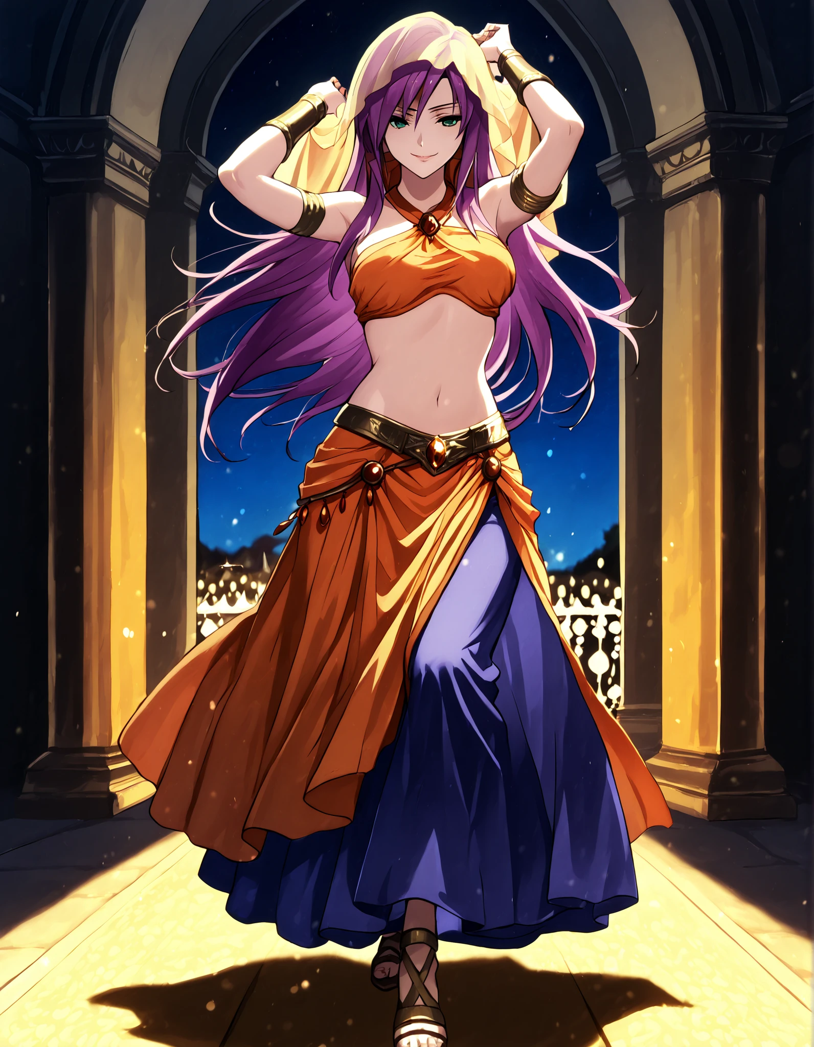 (1girl:1 . 5) , (Seul:1 . 5) , score_9 , score_8_haut , score_7_haut , source_anime , Official work , ultra-detailed , masterpiece , better quality , high resolution , beaux yeux , detailed eyes , Detailed face , beautiful detailed eyes,purple hair, long hair, green eyes,Final Fantasy,Faris Scherwiz, dancer_fft, halter top, long skirt, belt,bracers, sandals, shawl,golden jewelery,armlet, belly dancing,night,arabian garden,seductive smile, dancing with veil, dynamic movement,dance posture, seductive pose