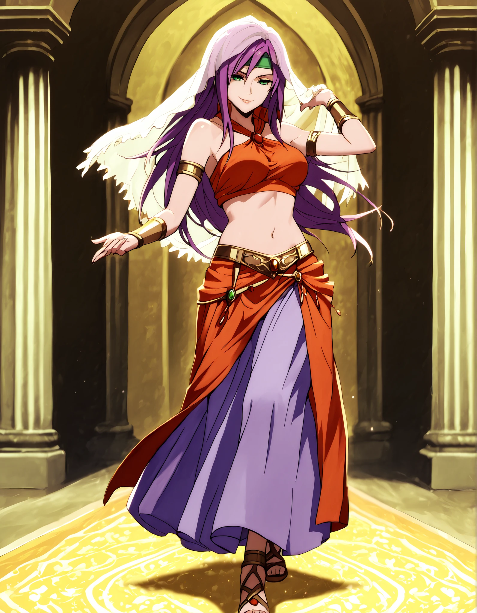 (1girl:1 . 5) , (Seul:1 . 5) , score_9 , score_8_haut , score_7_haut , source_anime , Official work , ultra-detailed , masterpiece , better quality , high resolution , beaux yeux , detailed eyes , Detailed face , beautiful detailed eyes,purple hair, long hair, green eyes,Final Fantasy,Faris Scherwiz, dancer_fft,crop top, halter top, long skirt, belt,bracers, sandals, shawl,golden jewelery,armlet, belly dancing,arabian garden,seductive smile, dancing with veil, dynamic movement,dance posture, seductive pose
